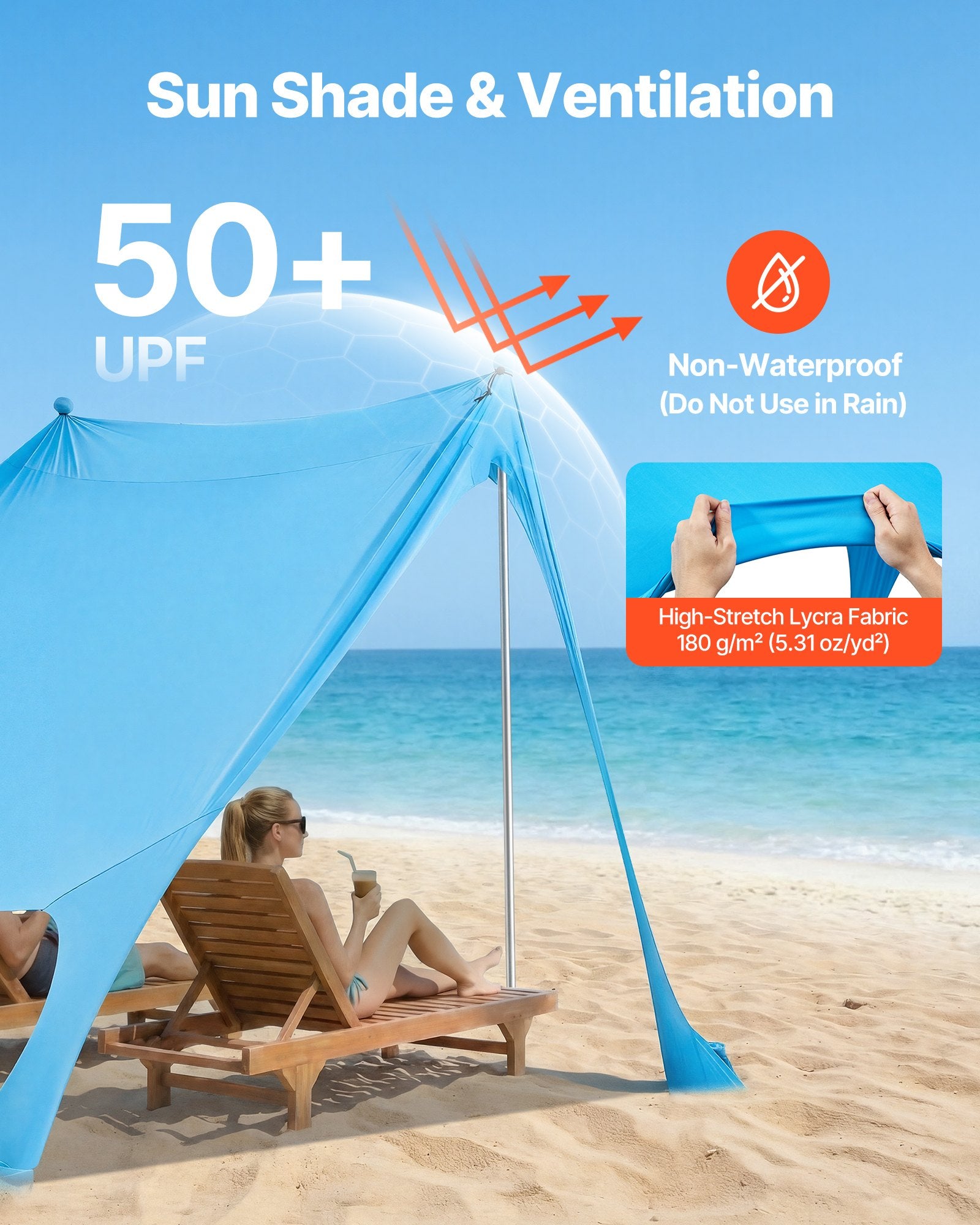 Beach Tent Sun Shelter, UPF50+ Sun Protection, 6.6 Ft Tall, 7.5x7.5 Ft, Easy Pop Up Beach Canopy With Sandbags, Stability Poles, Sand Shovels, Portable Shade For Family Outings, Camping, Fishing