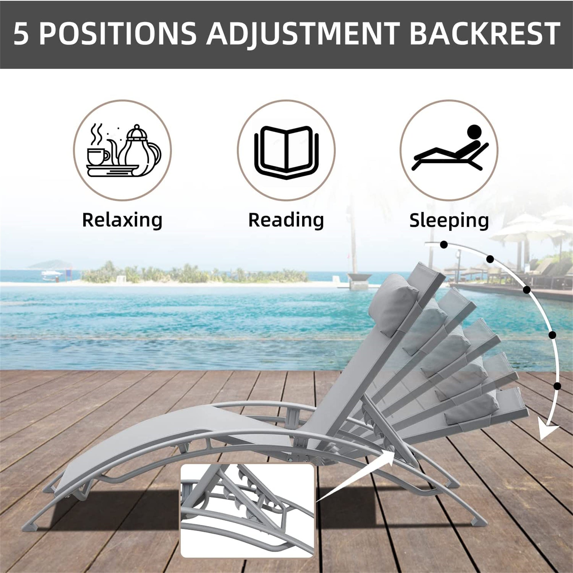 Pool Lounge Chairs Set Of 3, Adjustable Aluminum Outdoor Chaise Lounge Chairs With Metal Side Table, All Weather For Deck Lawn Poolside Grey,2 Lounge Chairs 1 Table