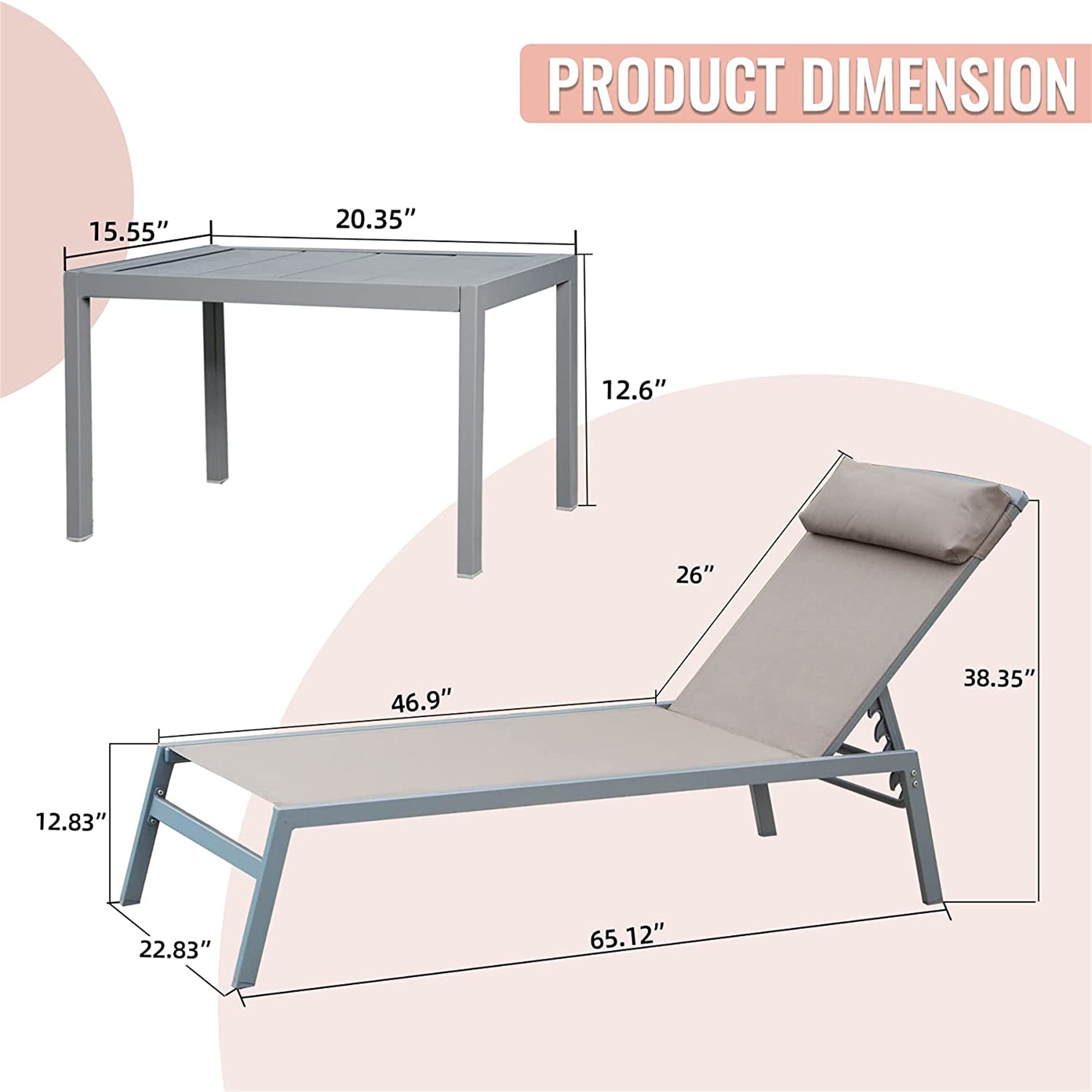 Patio Chaise Lounge Set Of 3, Aluminum Lounge Chairs With 5 Adjustable Positions, Outdoor Chaise Lounge For Pool, Deck, Garden, Backyard, Sunbathing Khaki,2 Lounge Chairs 1 Table
