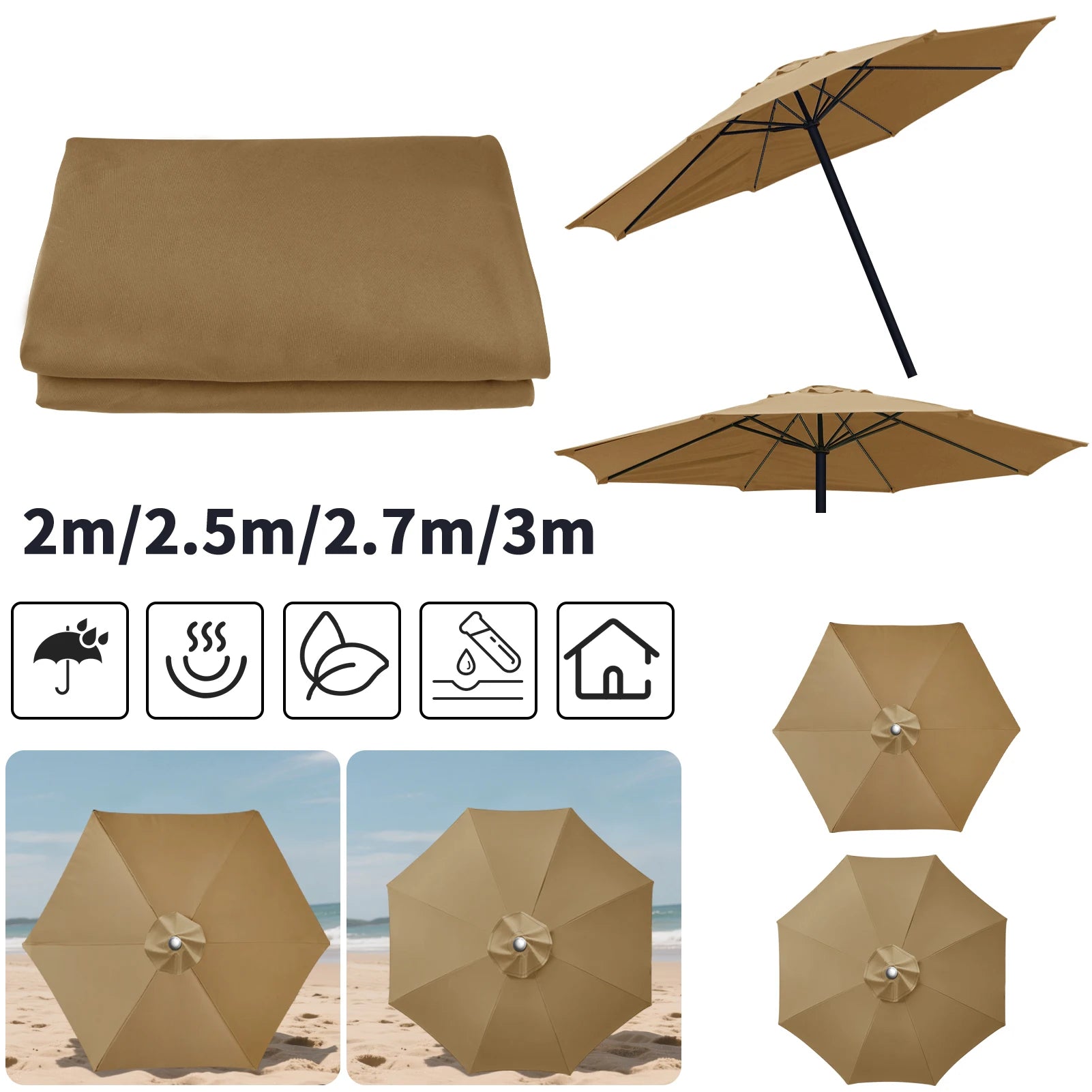 Parasol Replacement Cloth Outdoor Garden 2/2.5/2.7/3M Umbrella Cover Waterproof Sunshade Canopy For 6 Ribs/8 Ribs Parasol Cover