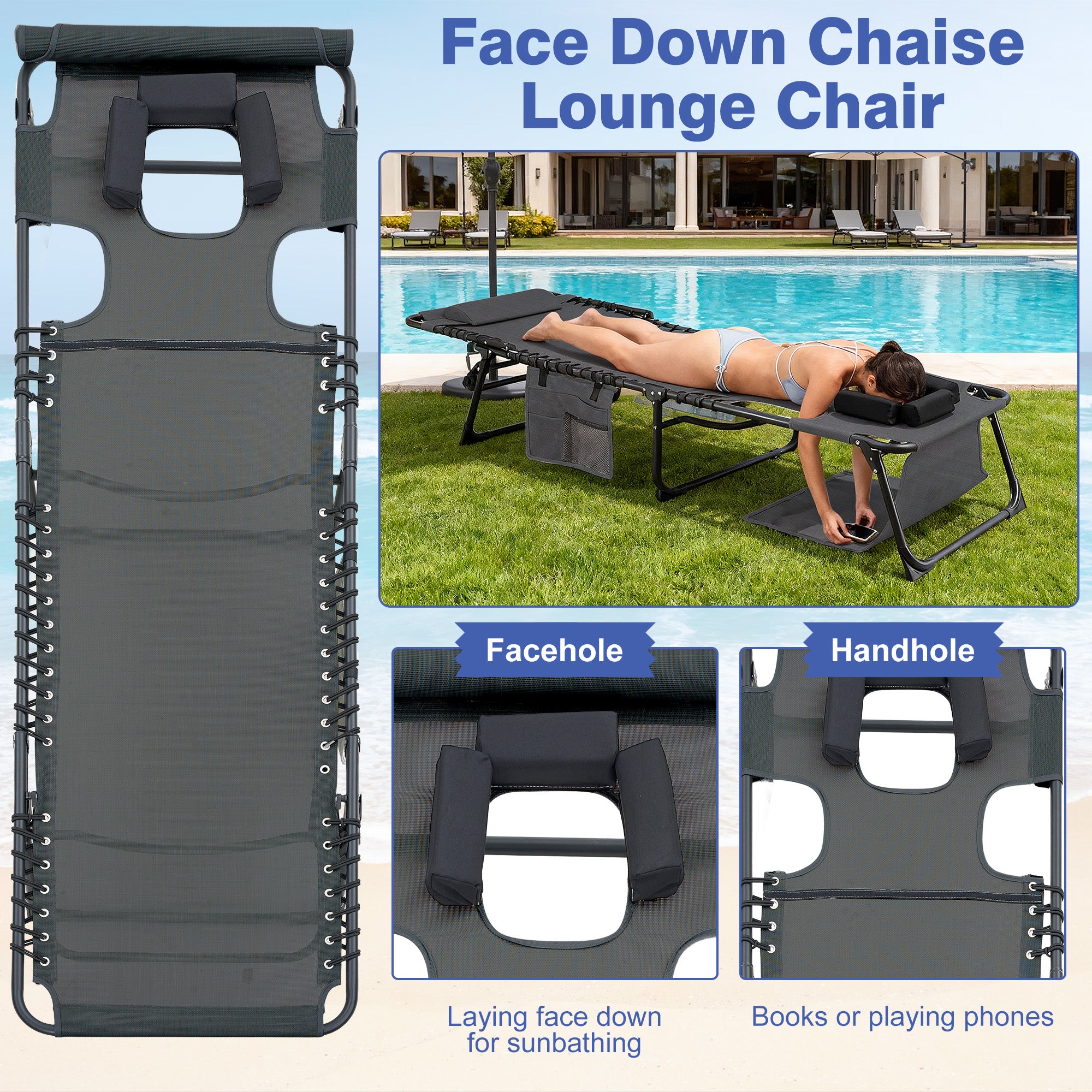 Face Down Chaise Lounge Chair 5-Position Adjustable Sunbathing, Foldable Tanning Chair With Face& Arm Holes, Outdoor Recliner Chair For Pool, Beach, Patio, Lawn Black, 2 Pcs