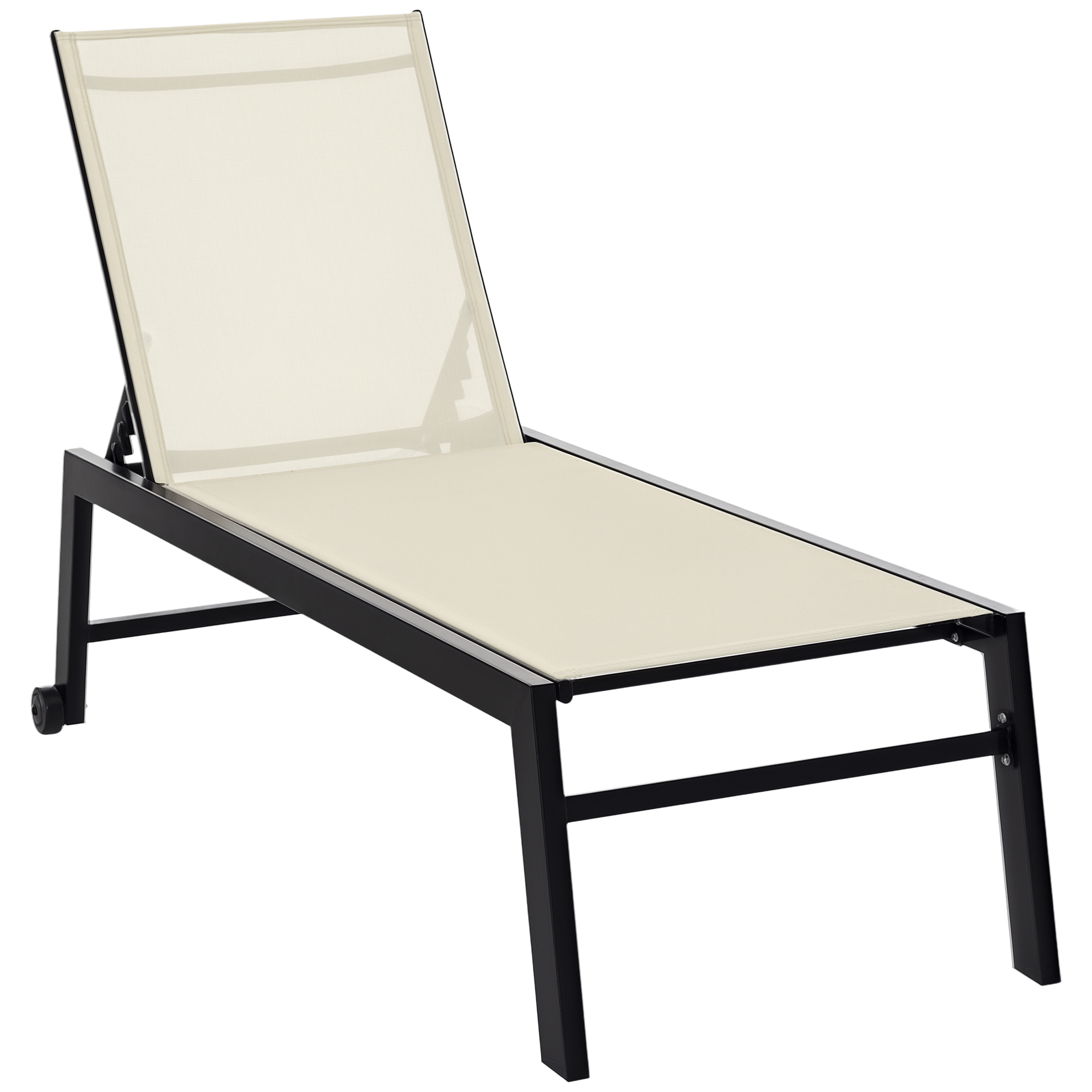 Outdoor Chaise Lounge with Wheels, Five Position Recliner for Sunbathing, Suntanning, Steel Frame, Breathable Fabric for Beach, Yard, Patio, Cream White