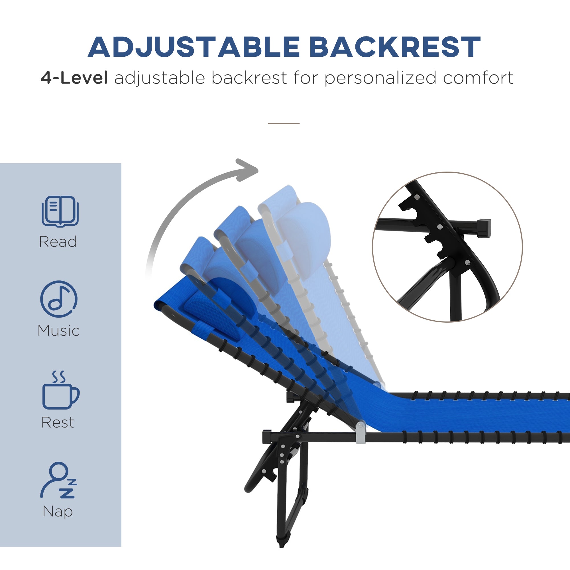 2 Folding Chaise Lounge Pool Chairs with 4-Position Reclining Back, Pillow, Breathable Mesh & Bungee Seat, Blue