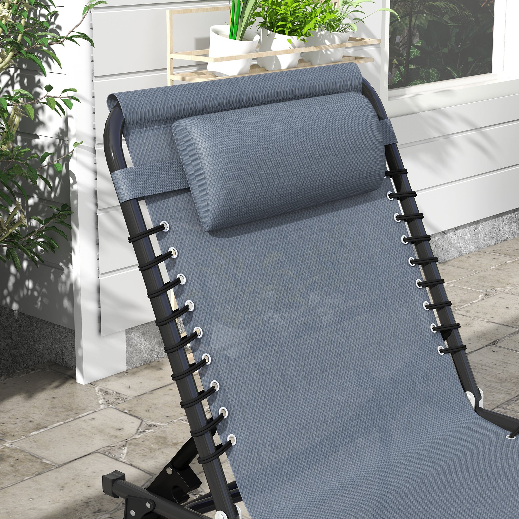 2 Folding Chaise Lounge Pool Chairs with 4-Position Reclining Back, Pillow, Breathable Mesh & Bungee Seat, Gray