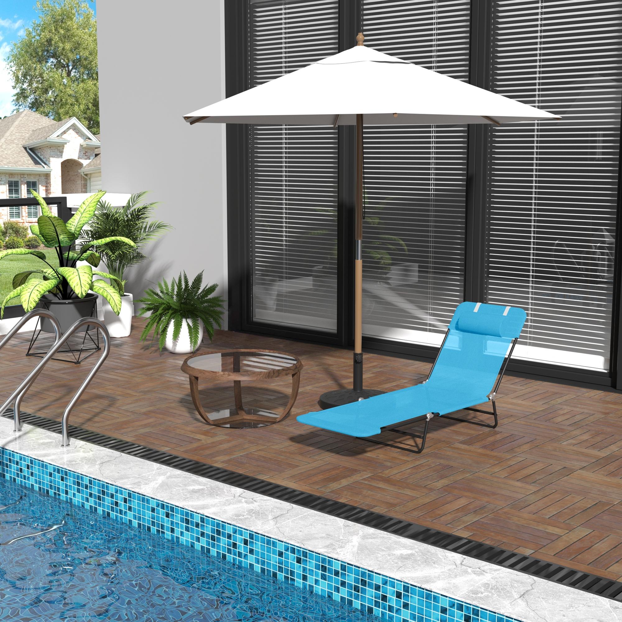 Folding Chaise Lounge Chair, Pool Sun Tanning Chair, Outdoor Lounge Chair with Reclining Back, Breathable Mesh Seat, Headrest for Beach, Yard, Patio, Blue