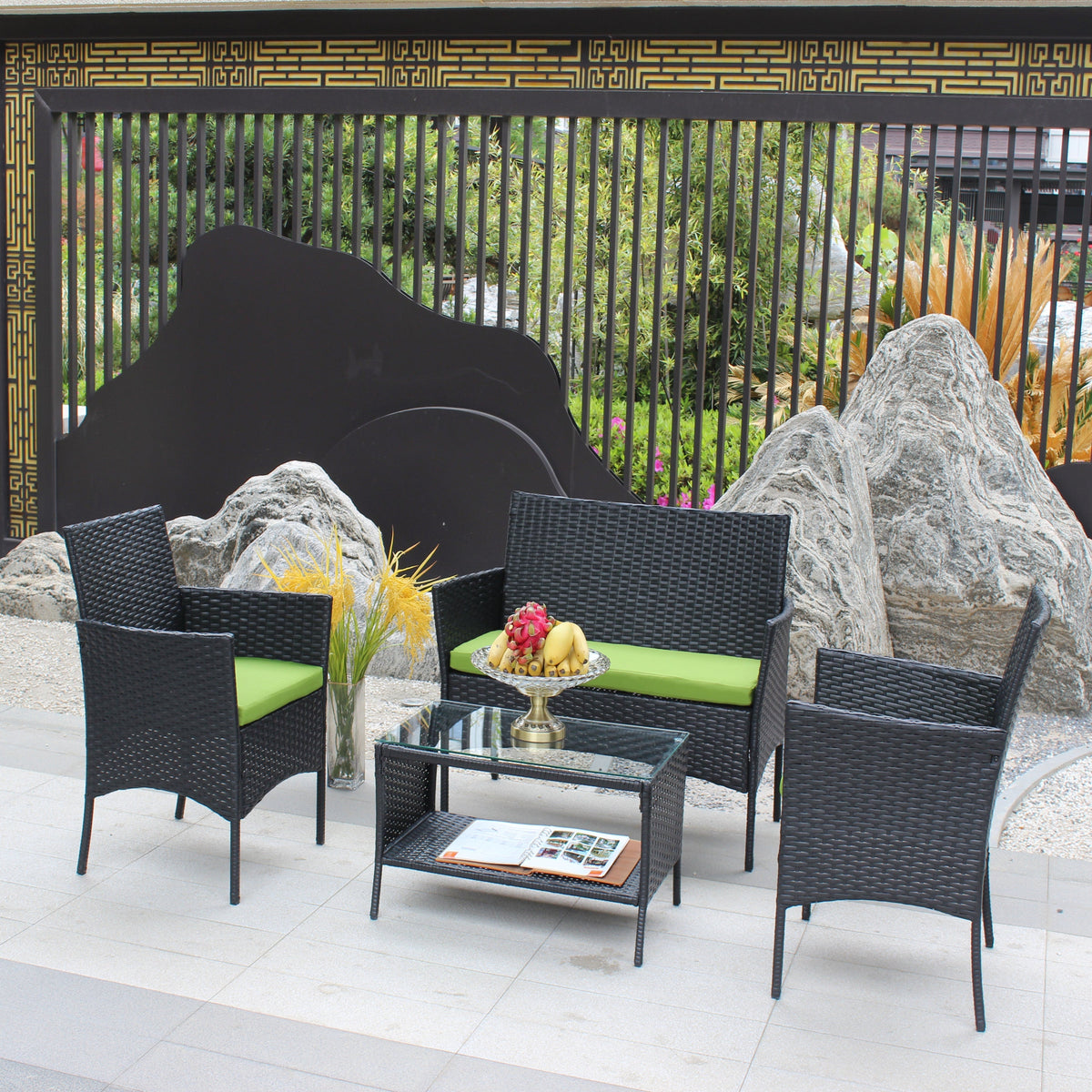 4 PC Rattan Patio Furniture Set with Cushions - Black and Green