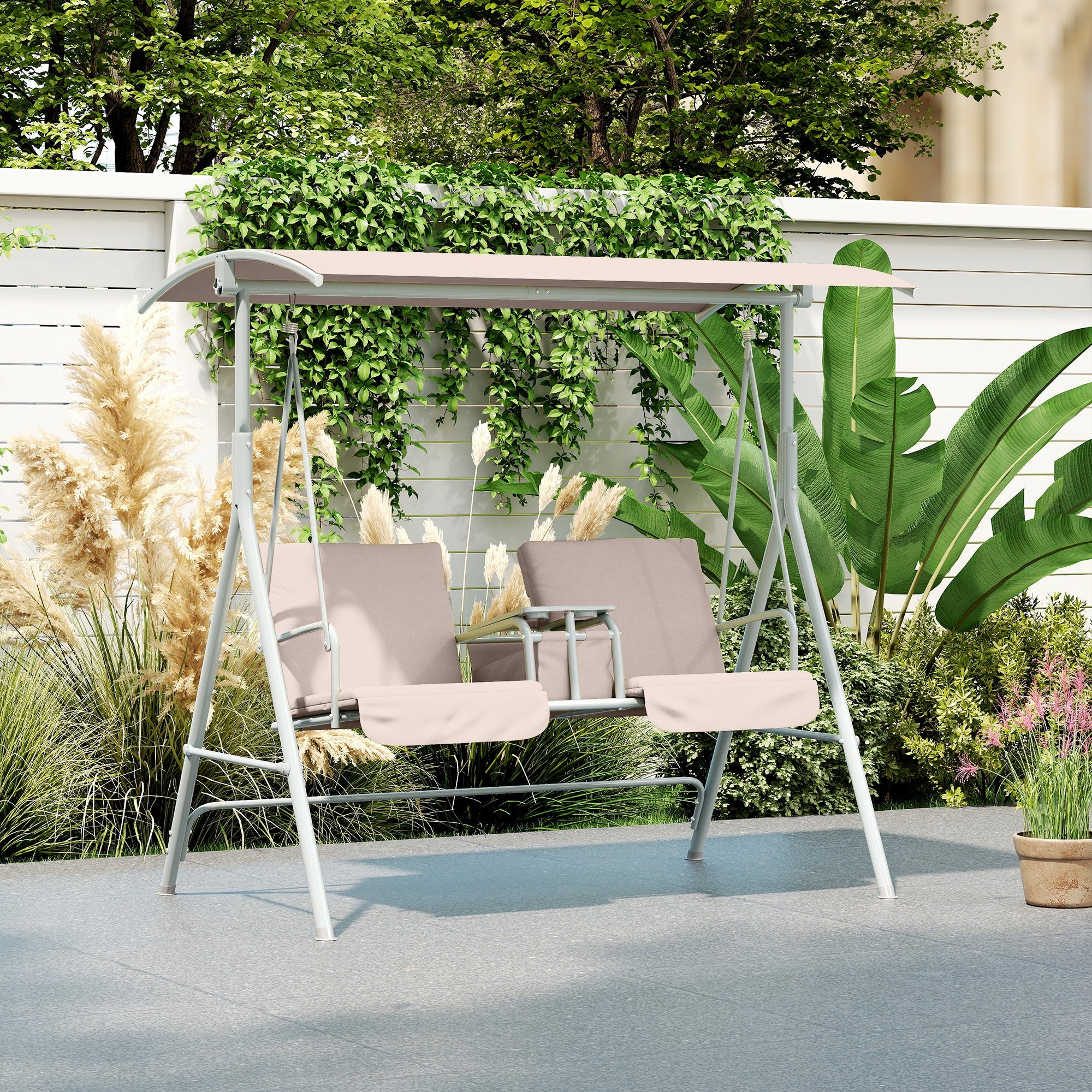 2-Seater Outdoor Porch Swing with Canopy and Table, Patio Swing Chair for Garden, Poolside, Backyard, Beige