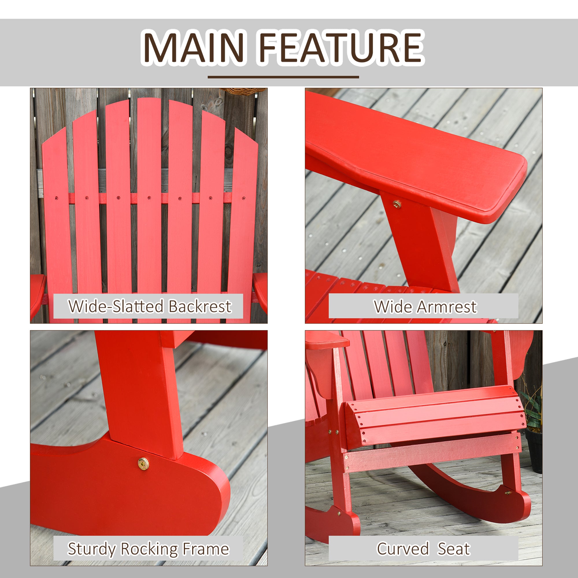 Wooden Adirondack Rocking Chair Outdoor Lounge Chair Fire Pit Seating with Slatted Wooden Design, Fanned Back, Red