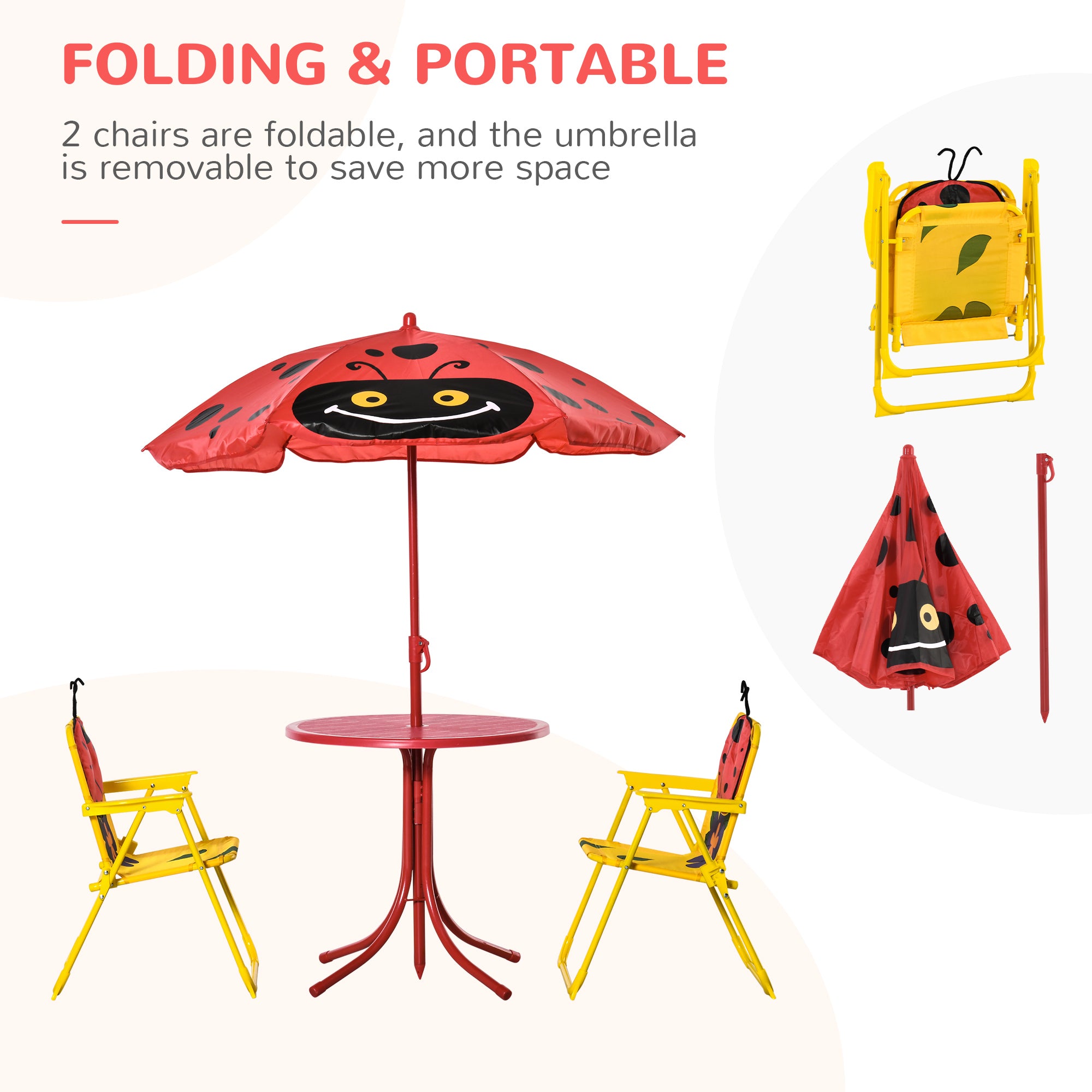 Kids Table and Chair Set, Outdoor Folding Garden Furniture, Picnic Table for Patio Backyard, with Removable & Height Adjustable Sun Umbrella, Aged 3-6 Years Old, Red