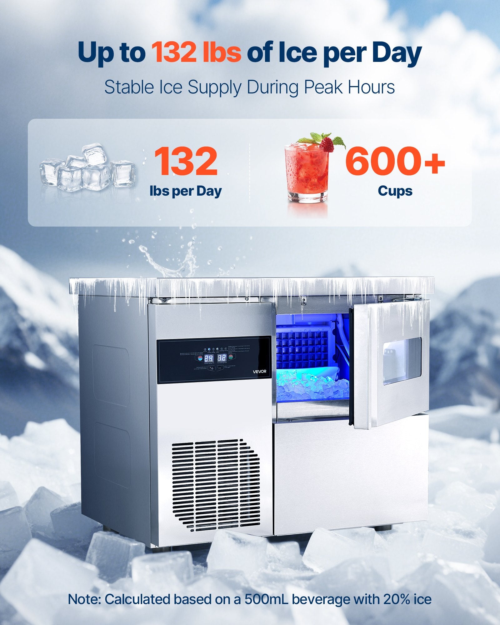 Commercial Ice Maker Machine, 132 Lbs/24H Stainless Steel Ice Machine With Worktop, 30 Lbs Storage & 70 Cubes/Cycle, Self-Cleaning Freestanding Ice-Making For Home Bar Office Restaurant Kitchen
