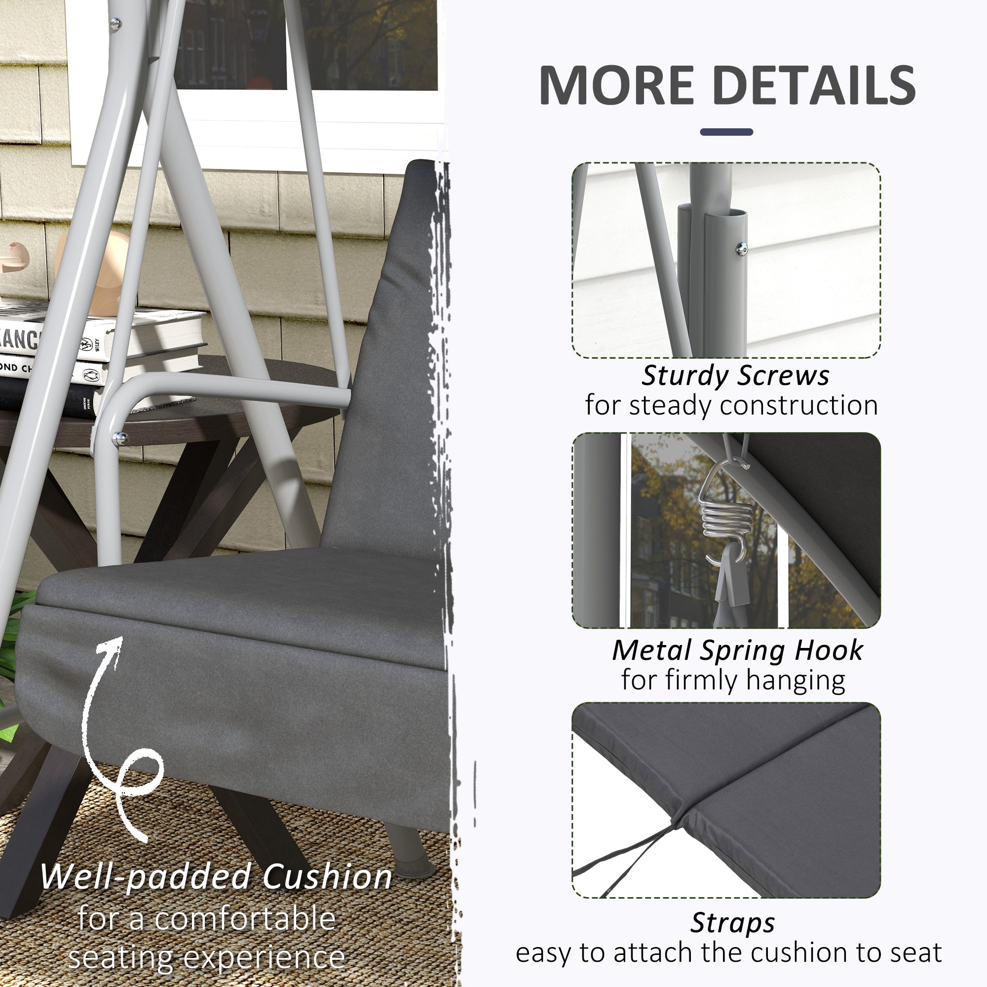 2-Seater Outdoor Porch Swing with Canopy and Table, Patio Swing Chair for Garden, Poolside, Backyard, Gray