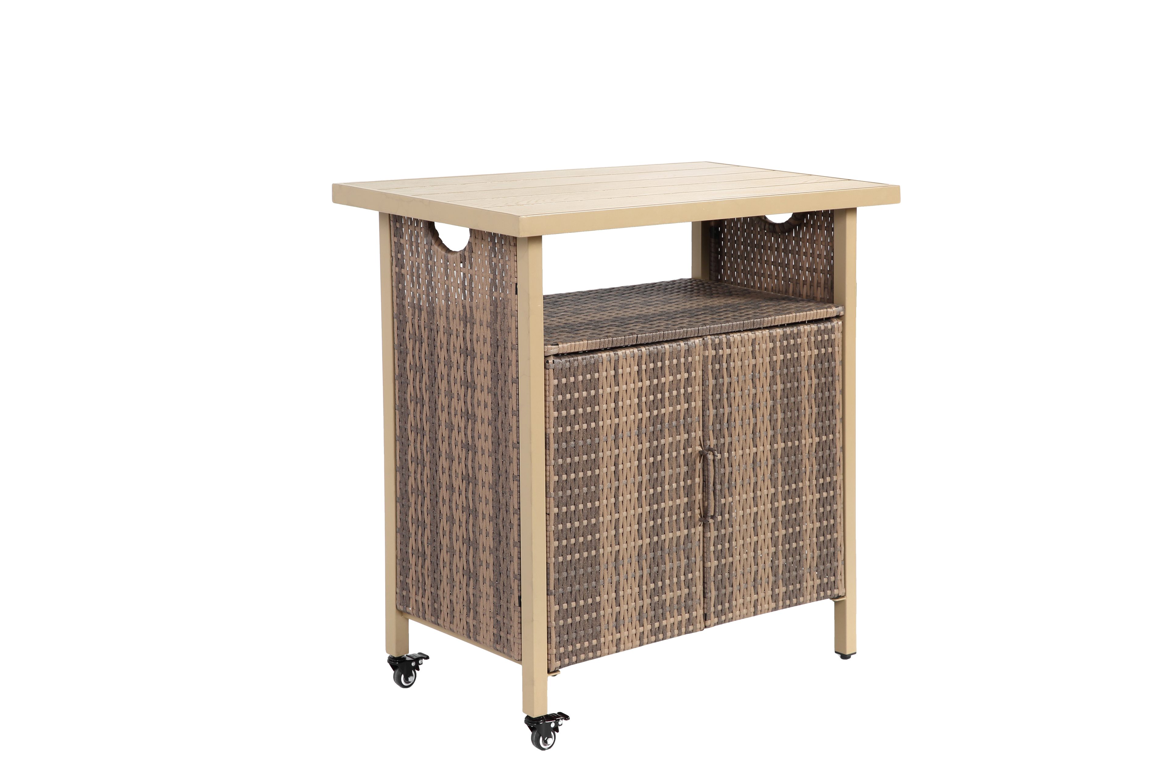 Outdoor Wicker Bar Cart, Patio Wine Serving Cart W Wheels , Rolling Rattan Beverage Bar Counter Table W Glass Top For Porch Backyard Garden Poolside Party, Beige