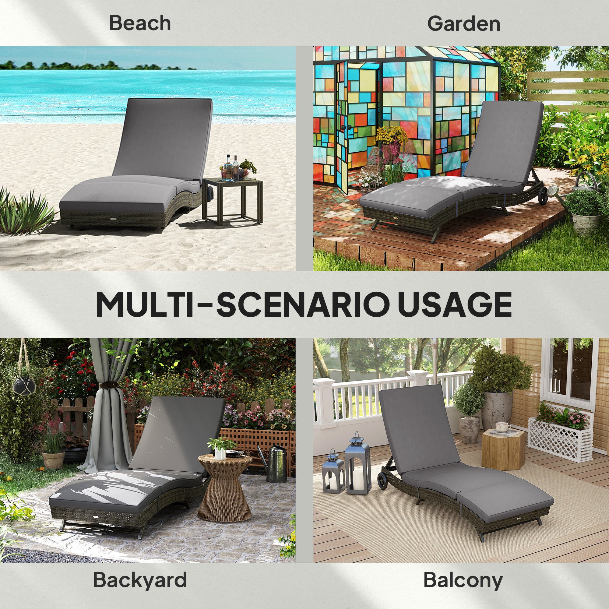 Patio Wicker Chaise Lounge Chair, Outdoor PE Rattan Sun lounger with Adjustable Backrest and 2 Wheels, Gray