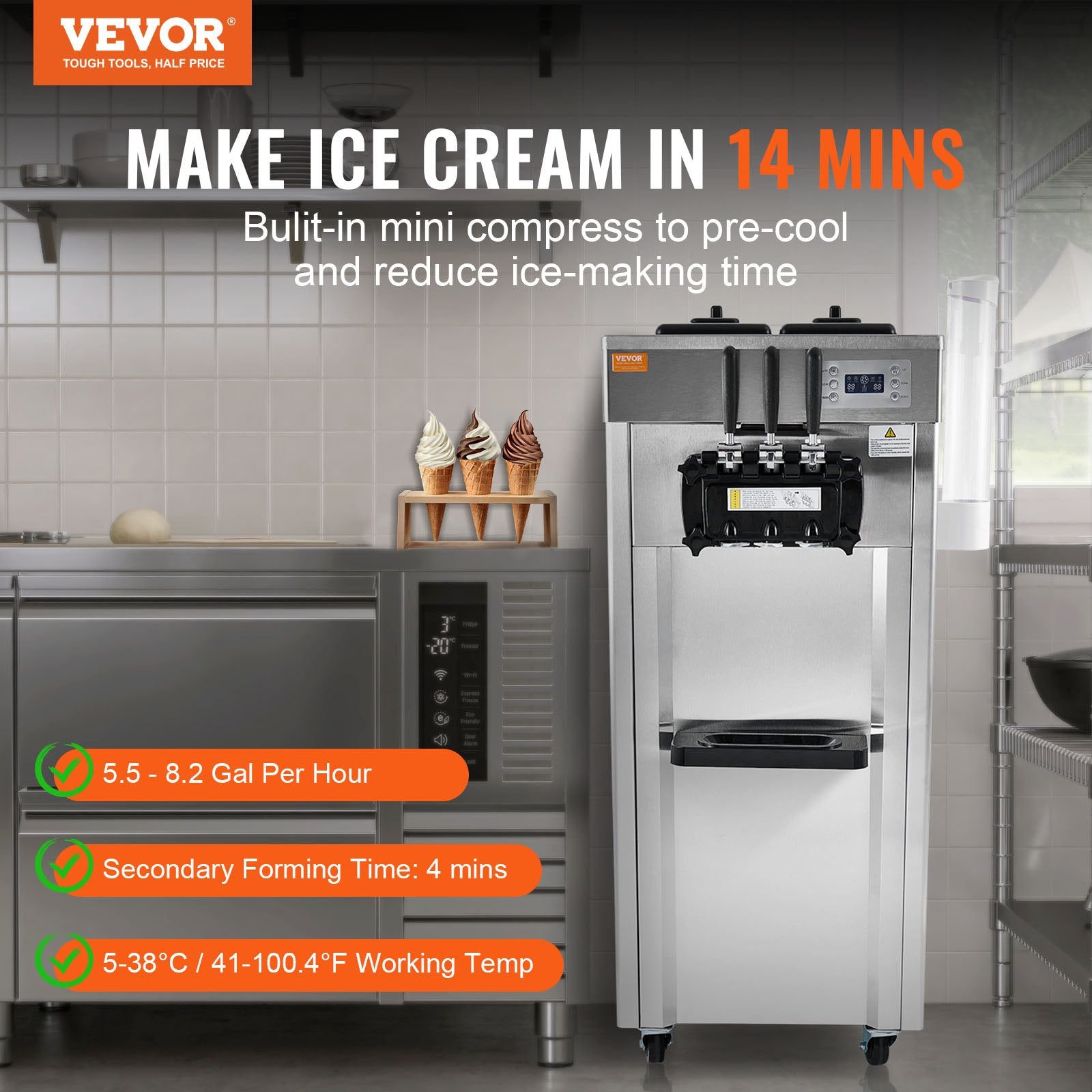 1850W Commercial Soft Ice Cream Machine 3 Flavors 5.3 To 7.4Gallon Per Hour PreCooling At Night Auto Clean LCDPanel For Restaurants Snack Bar, Sliver