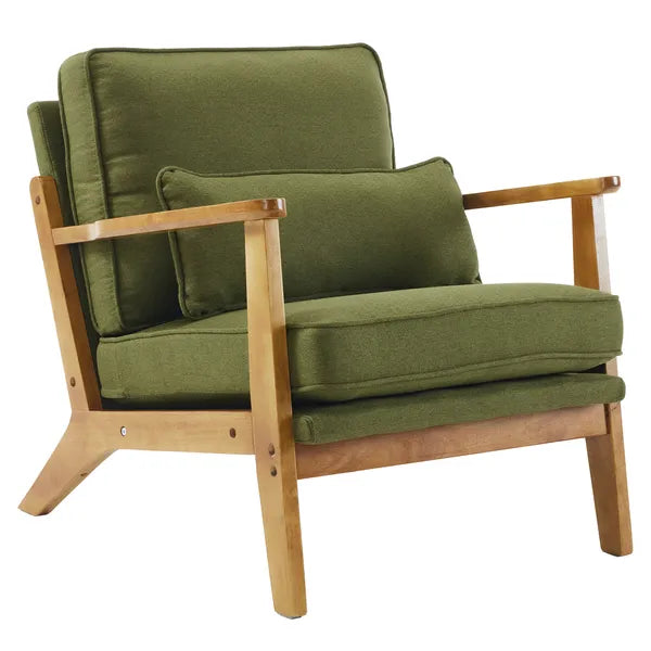 Mid-Century Oak Accent Chair - Linen-Cotton Forest Green Upholstered Single Lounge Chair, Indoor Armchair With Sturdy Wood Frame - 330LBS Weight Capacity