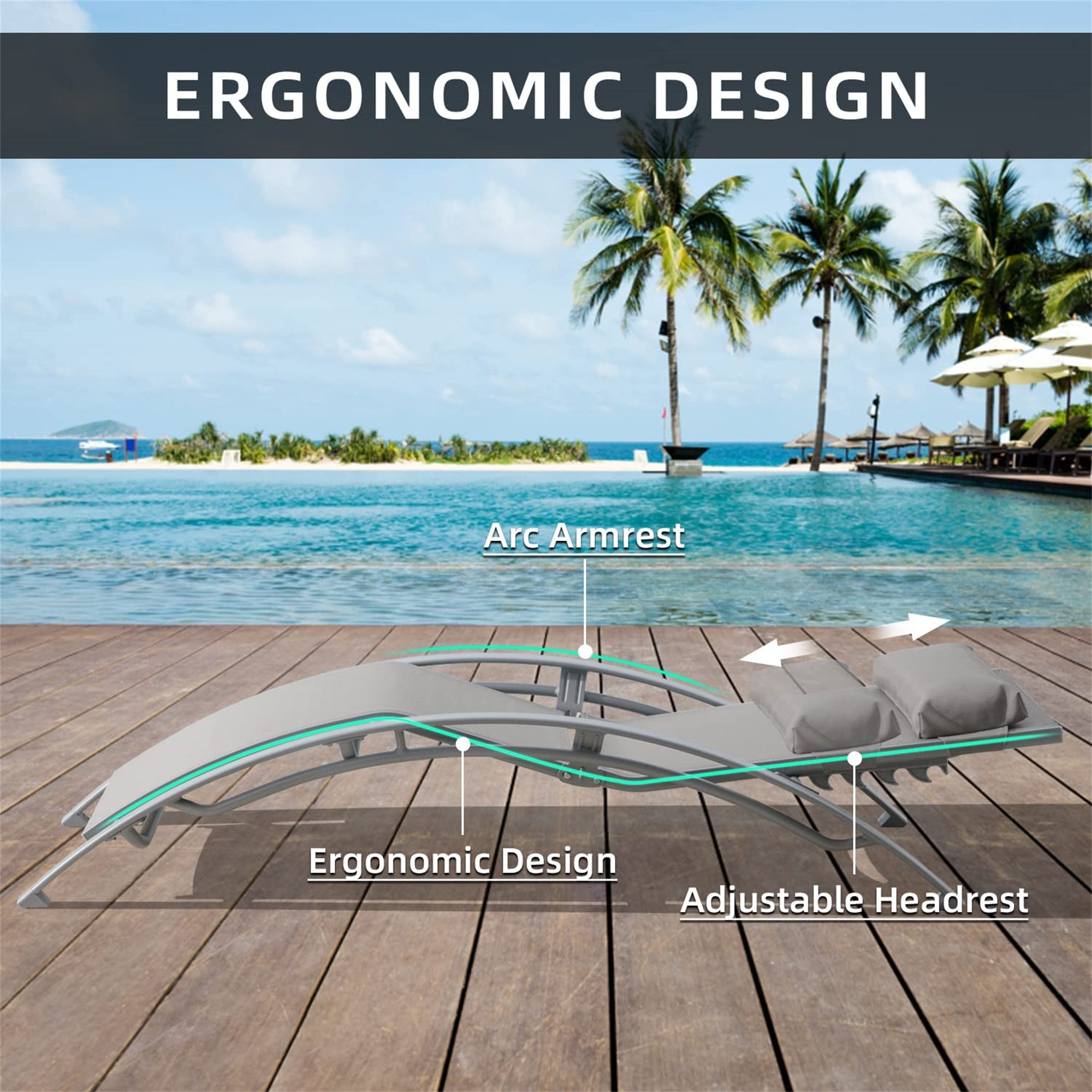 Pool Lounge Chairs Set Of 3, Adjustable Aluminum Outdoor Chaise Lounge Chairs With Metal Side Table, All Weather For Deck Lawn Poolside Grey,2 Lounge Chairs 1 Table