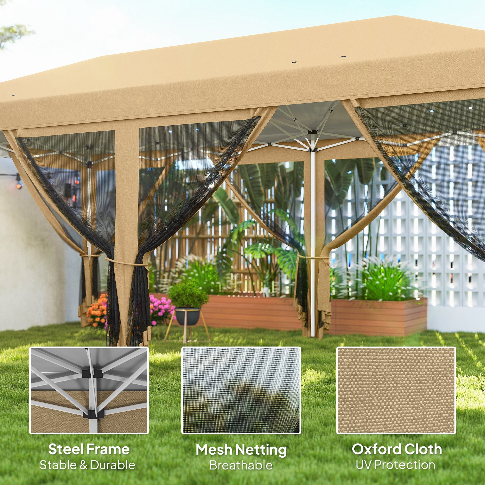 10โ x 20โ Pop Up Canopy Tent with Netting, Heavy Duty Instant Sun Shelter, Large Tents for Parties with Carry Bag for Outdoor, Garden, Patio, Beige