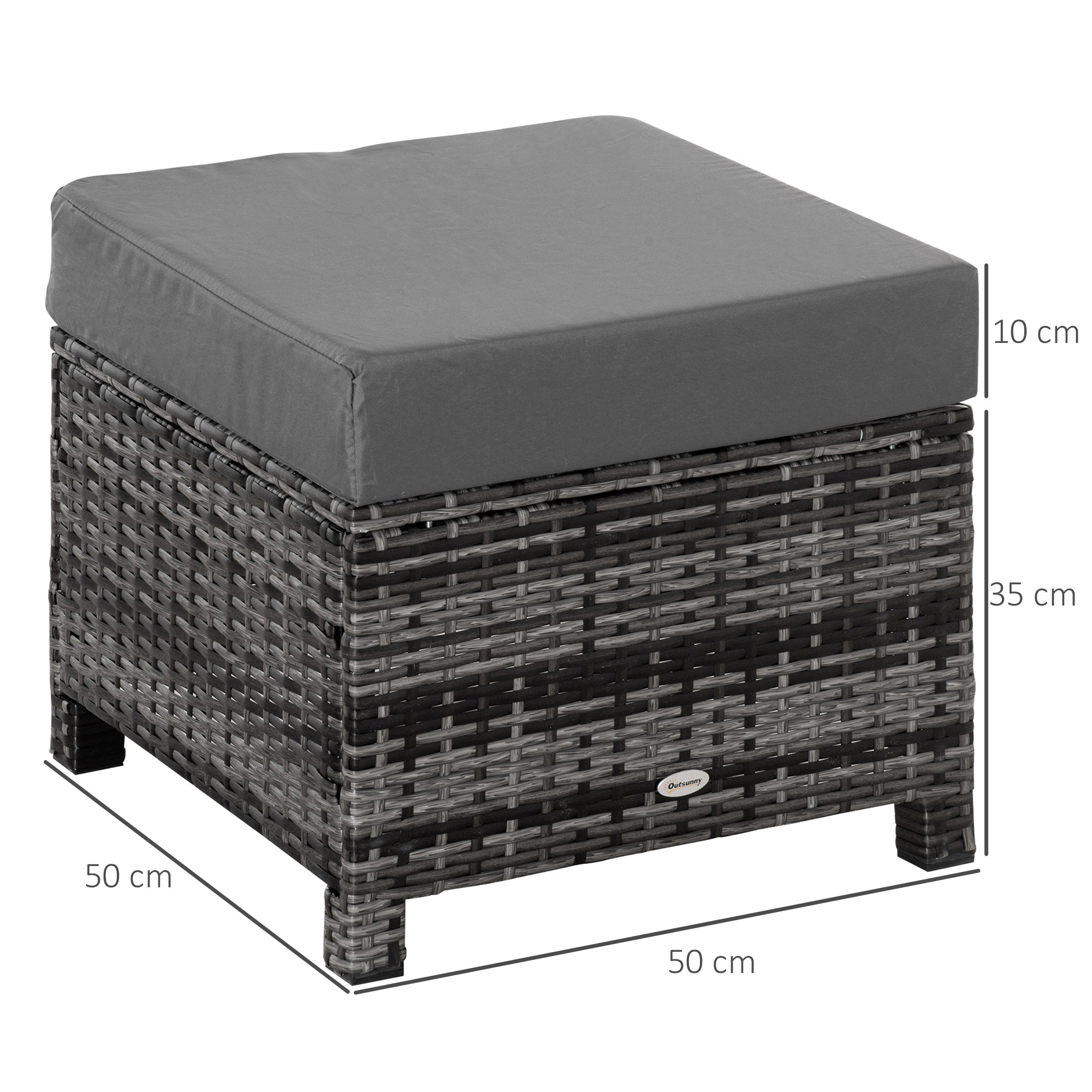 Rattan Footstool Wicker Ottoman With Padded Seat Cushion Outdoor Patio Furniture For Garden Poolside Living Room, 50 X 50 X 35 Cm, Grey