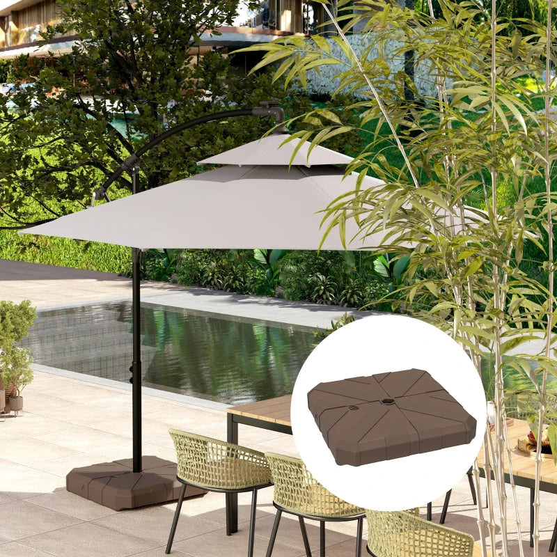 Square Patio Umbrella Base, Cantilever Offset Umbrella Base Heavy Duty Outdoor Umbrella Stand Base, Filled Up To 143lbs With Stand Or 130lbs With Water For Garden Poolside, Brown