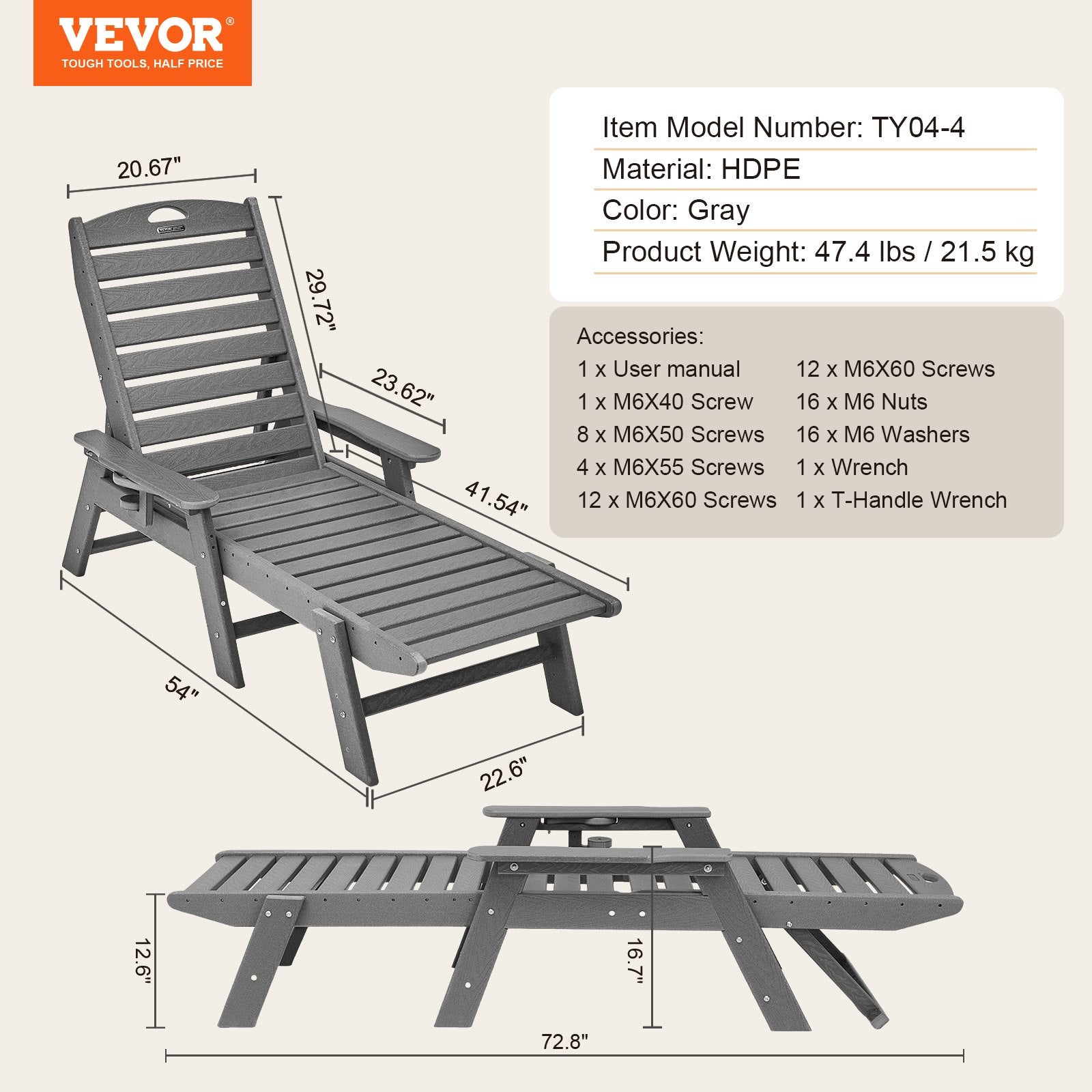 Outdoor Chaise Lounge Chair 6 Position Adjustable Reclining Bench Lounger Gray