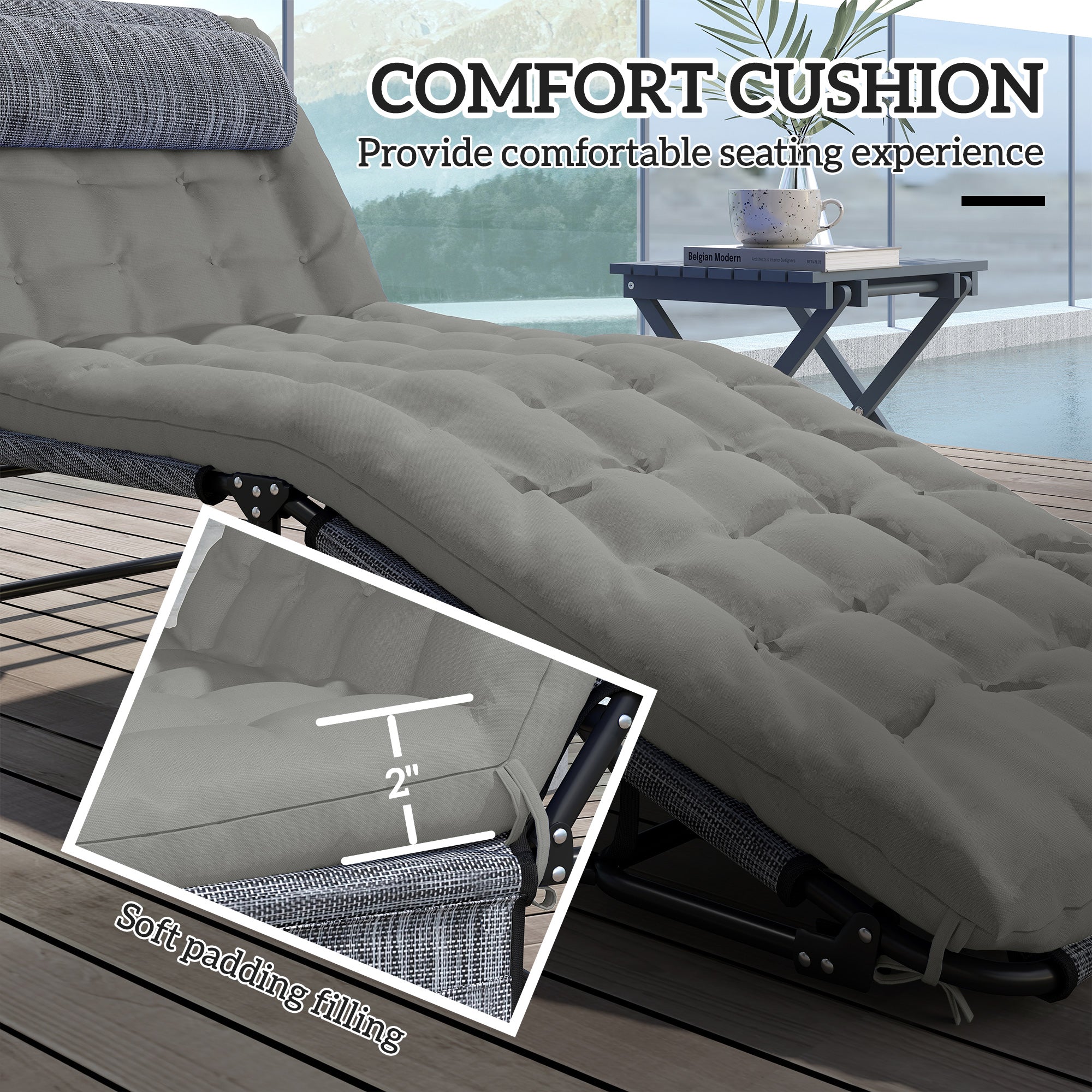 Folding Chaise Lounge Pool Chair with 4-level Reclining Back, Cushion, Side Pocket, Headrest, Gray