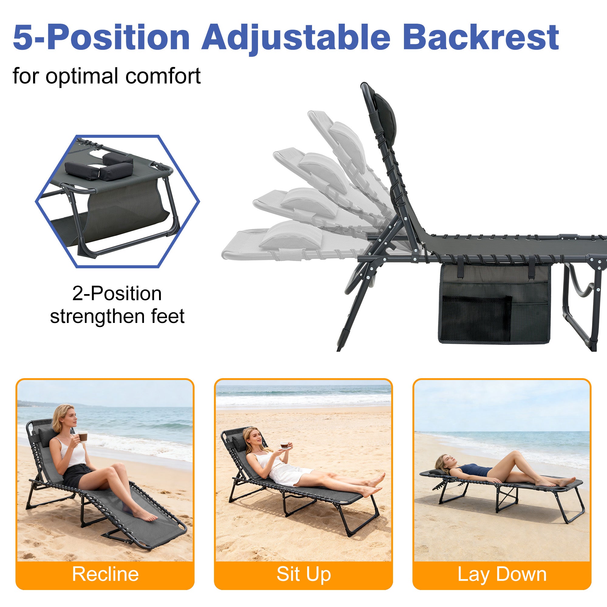 Face Down Chaise Lounge Chair 5-Position Adjustable Sunbathing, Foldable Tanning Chair With Face& Arm Holes, Outdoor Recliner Chair For Pool, Beach, Patio, Lawn Black, 2 Pcs