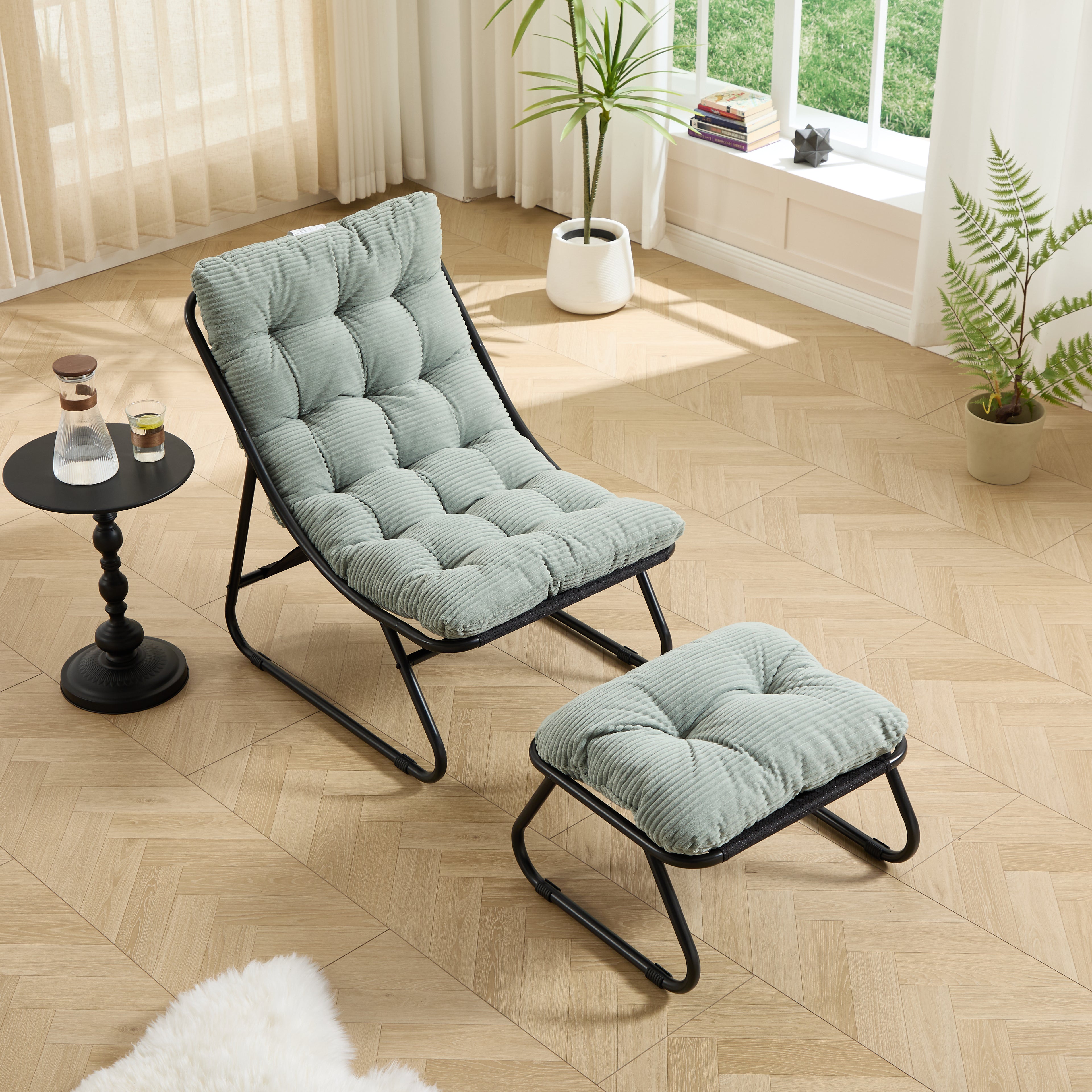 Patio Outdoor Lounge Chair With Ottoman, Comfy Sling Recliner Chair With Puffy Cushion And Foot Stool, Ideal For Living Room, Bedroom, Reading Room, Black Frame With Light Green Cushion