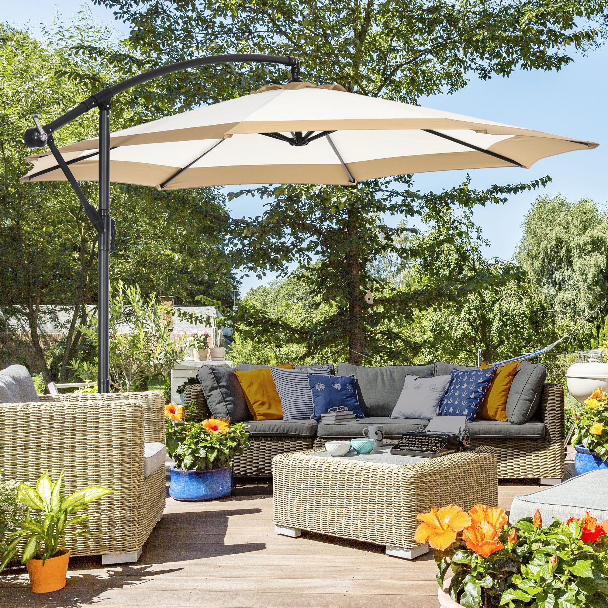 10FT Cantilever Umbrella, Offset Patio Umbrella With Crank And Cross Base For Deck, Backyard, Pool And Garden, Hanging Umbrellas, Tan
