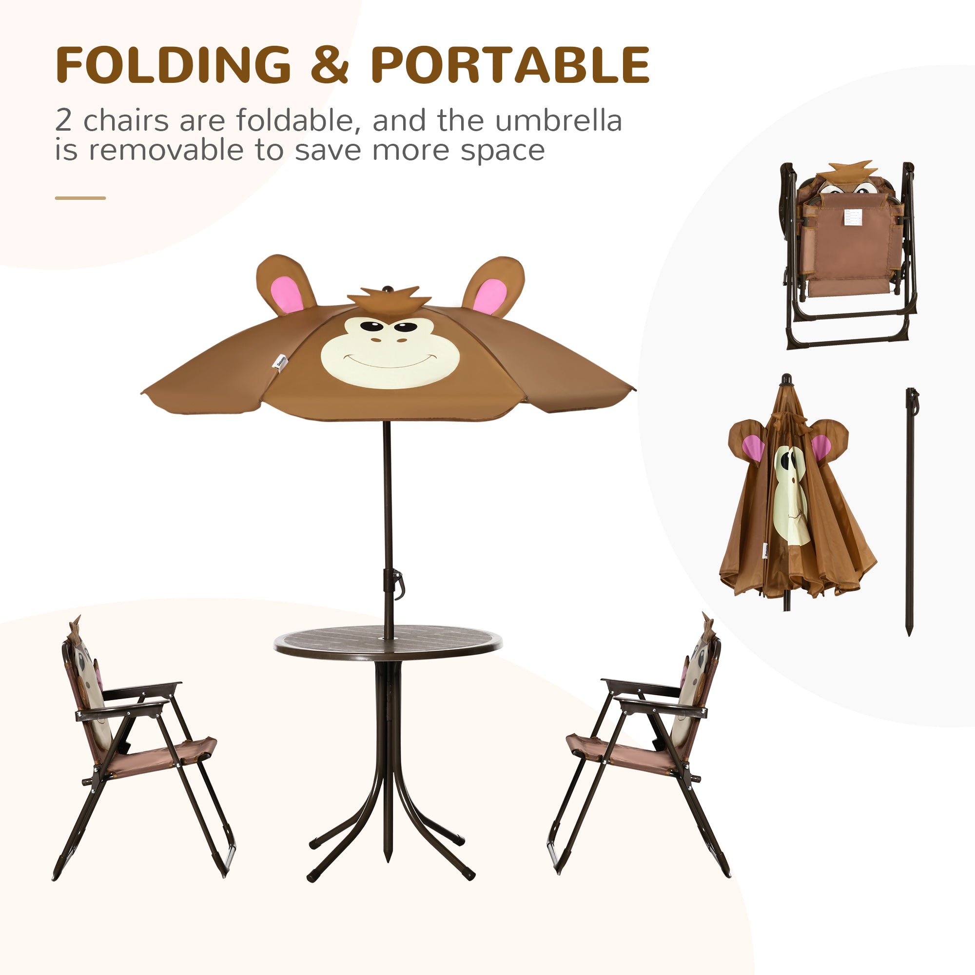 Kids Table and Chair Set, Outdoor Folding Garden Furniture, Picnic Table for Patio Backyard, with Removable & Height Adjustable Sun Umbrella, Aged 3-6 Years Old, Brown
