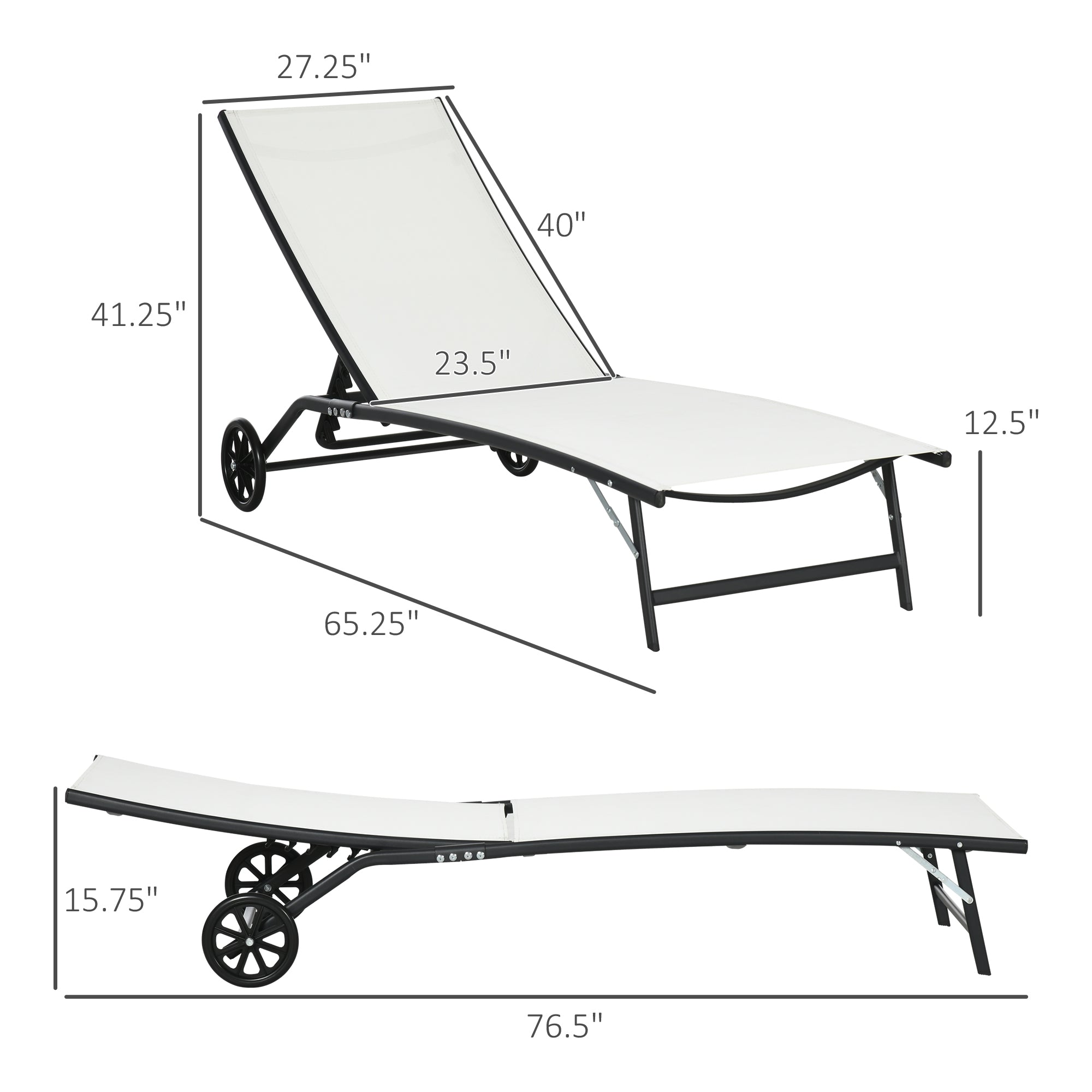 Chaise Lounge Outdoor, 2 Piece Lounge Chair with Wheels, Tanning Chair with 5 Adjustable Positions for Patio, Beach, Yard, Pool, Cream White