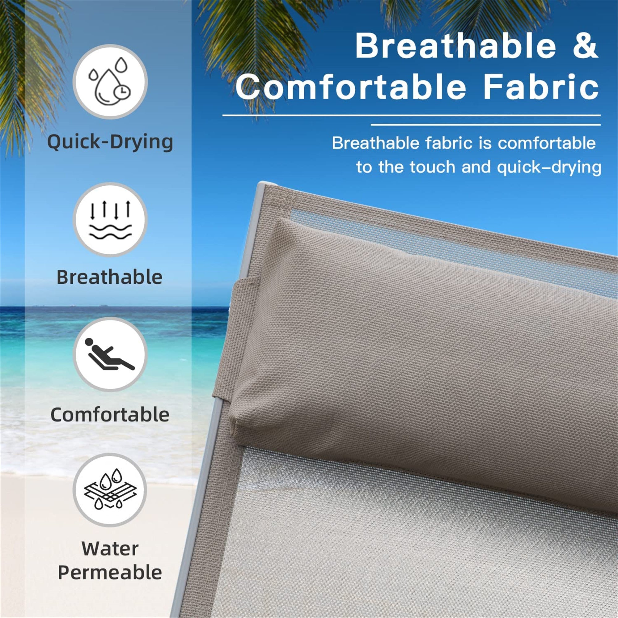 Outdoor Chaise Lounge Set Of 2 Patio Recliner Chairs With Adjustable Backrest And Removable Pillow For Indoor&Outdoor Beach Pool Sunbathing Lawn Khaki,2 Lounge Chairs