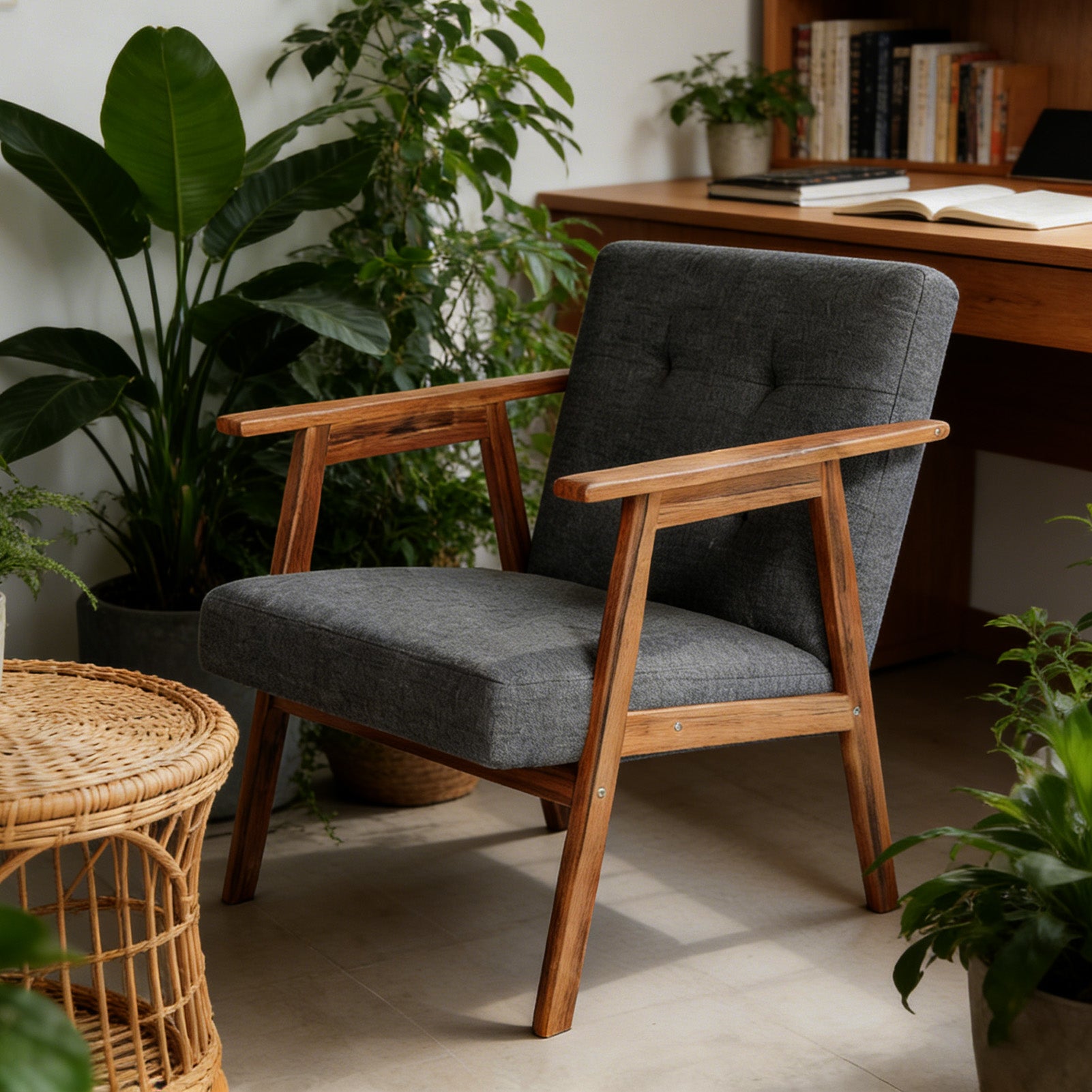 Mid Century Modern Accent Chair With Walnut Finish Thick Comfy Seat Cushion Upholstered Living Room Lounge Arm Chair For Living Room Bedroom Office Waiting Area Dark Grey