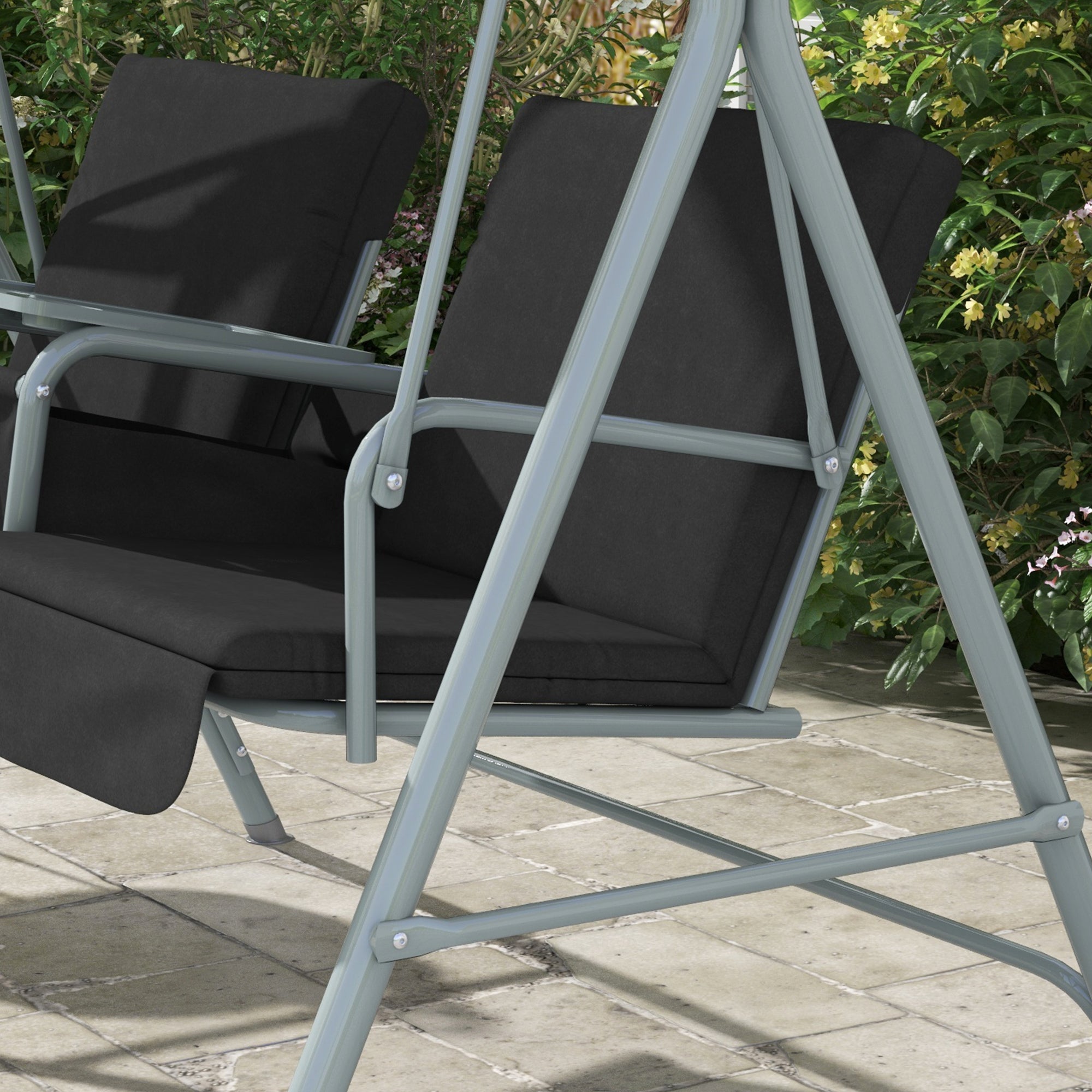 2-Seater Outdoor Porch Swing with Canopy and Table, Patio Swing Chair for Garden, Poolside, Backyard, Black