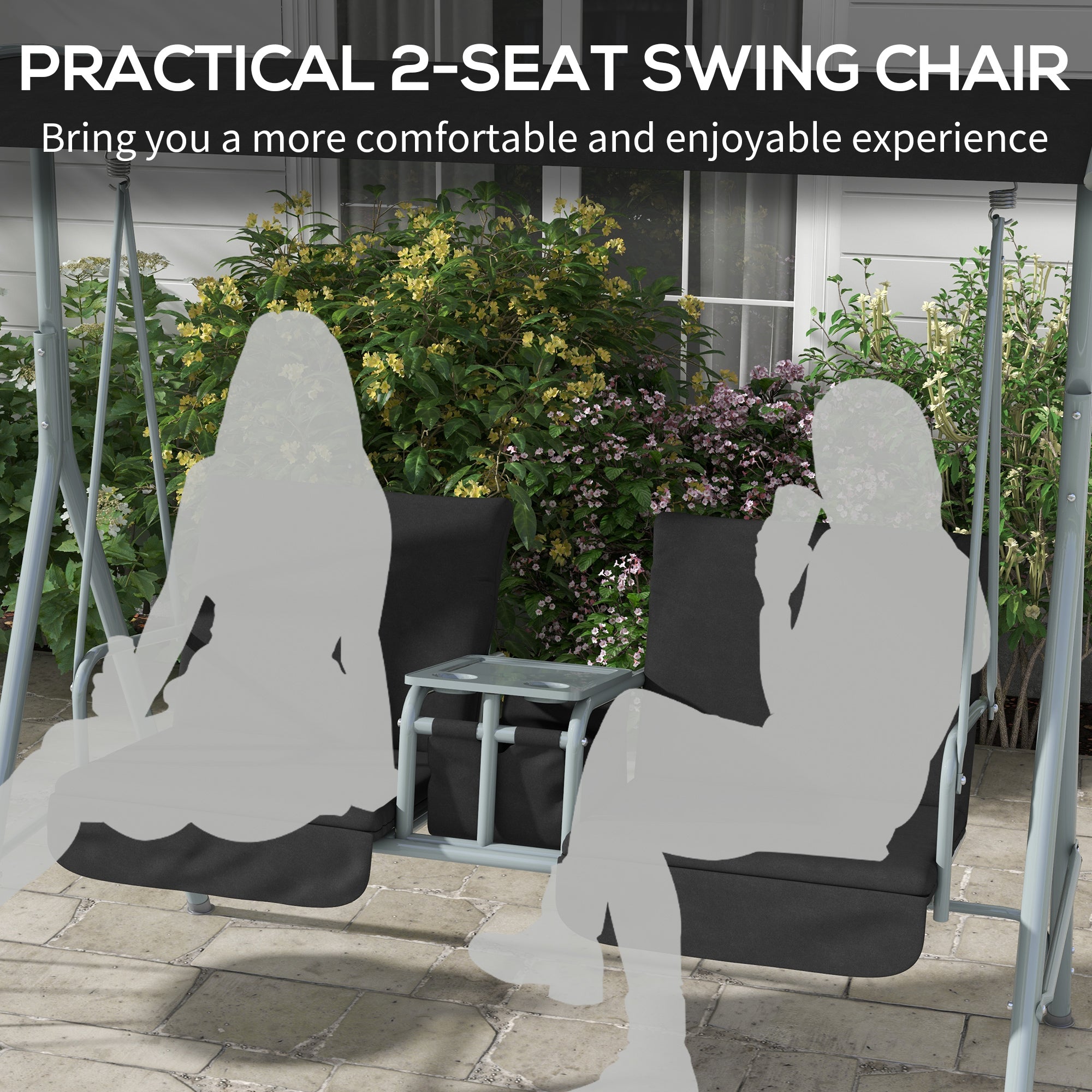 2-Seater Outdoor Porch Swing with Canopy and Table, Patio Swing Chair for Garden, Poolside, Backyard, Black