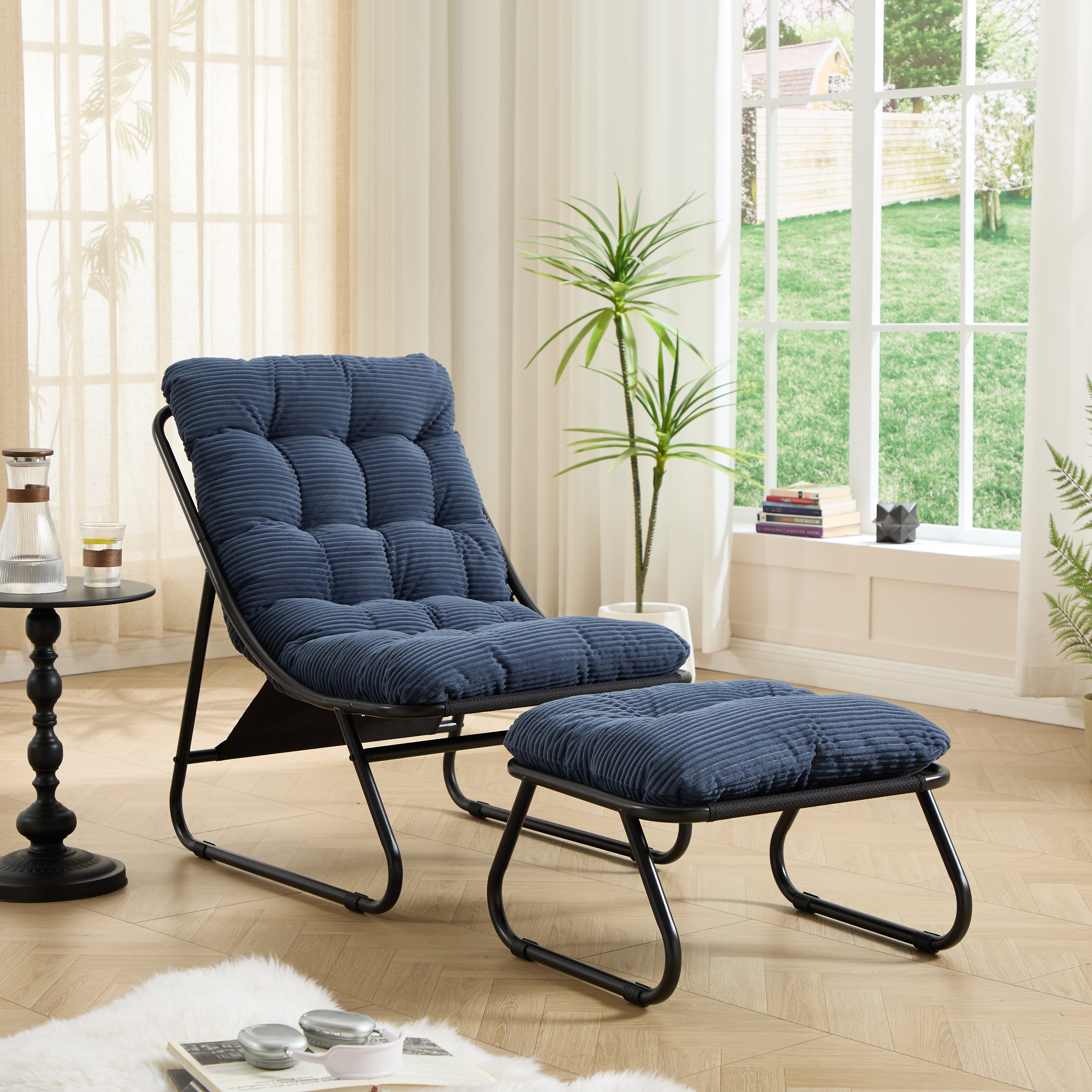 Patio Outdoor Lounge Chair With Ottoman, Comfy Sling Recliner Chair With Puffy Cushion And Foot Stool, Ideal For Living Room, Bedroom, Reading Room, Black Frame With Navy Blue Cushion