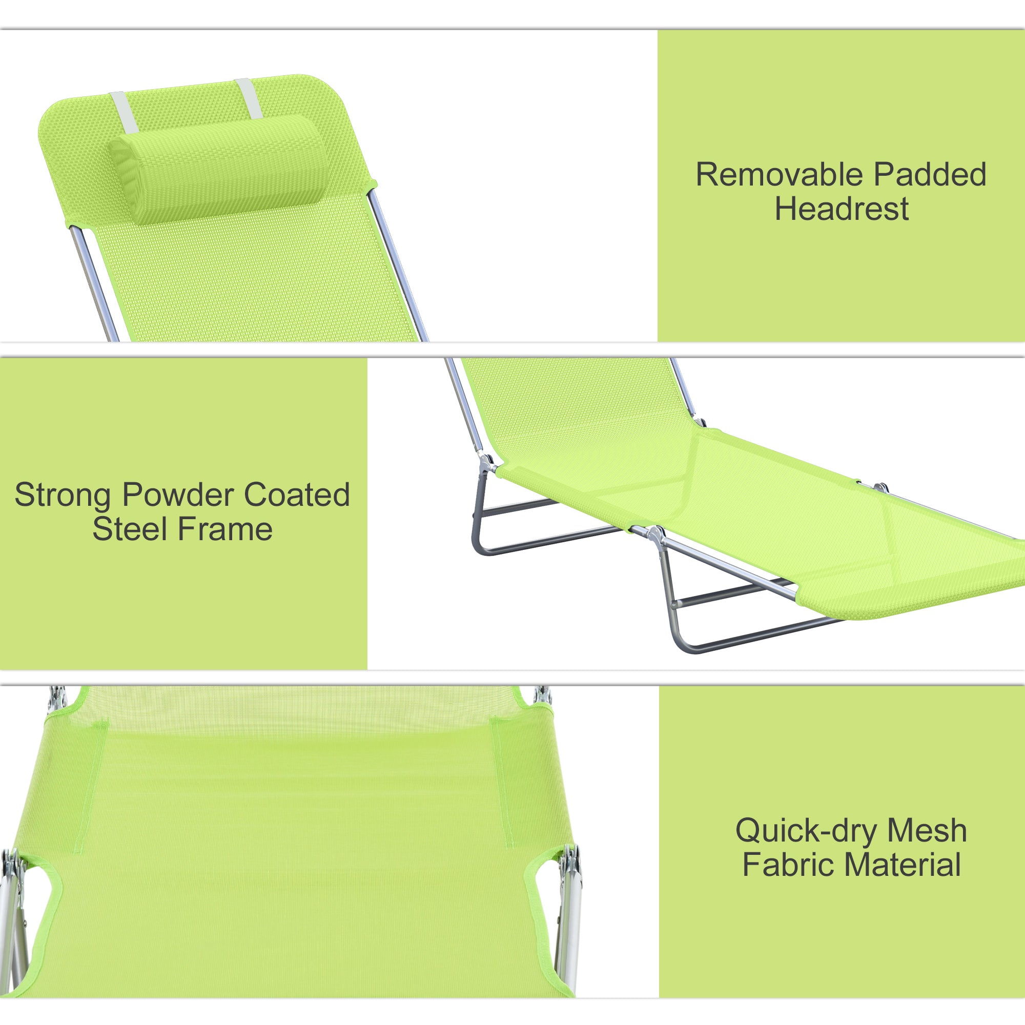 Folding Chaise Lounge Pool Chairs, Outdoor Sun Tanning Chairs with Pillow, Reclining Back, Steel Frame & Breathable Mesh for Beach, Yard, Patio, Green