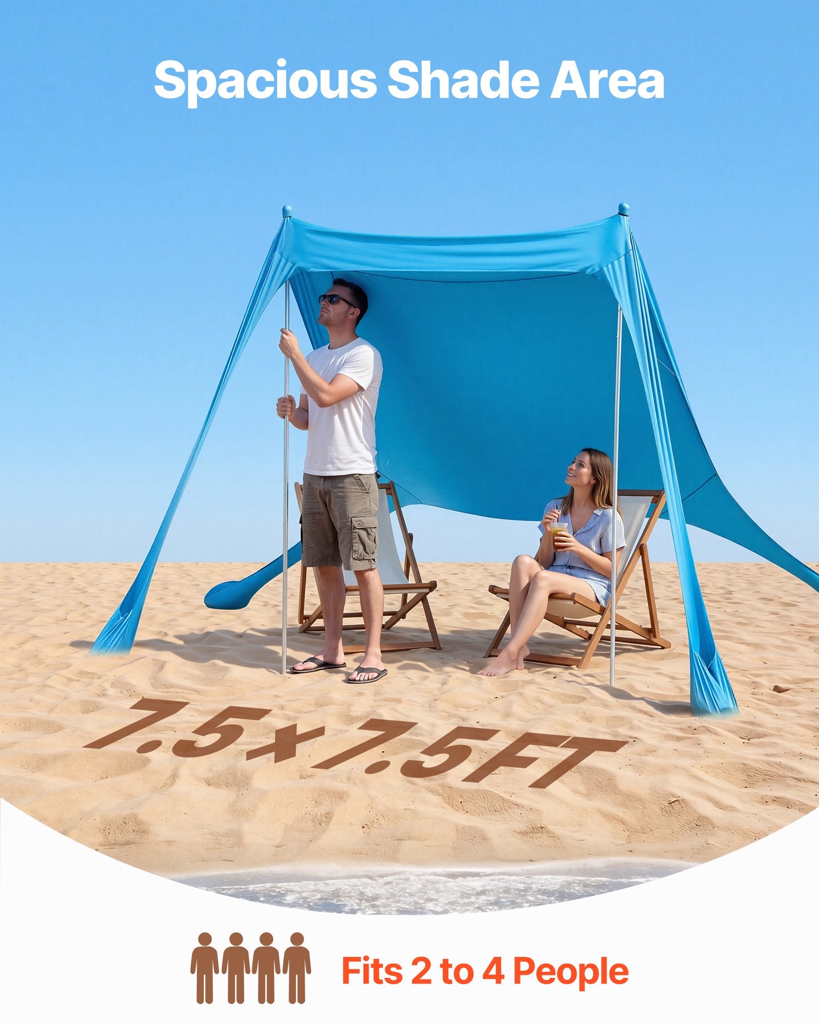 Beach Tent Sun Shelter, UPF50+ Sun Protection, 6.6 Ft Tall, 7.5x7.5 Ft, Easy Pop Up Beach Canopy With Sandbags, Stability Poles, Sand Shovels, Portable Shade For Family Outings, Camping, Fishing