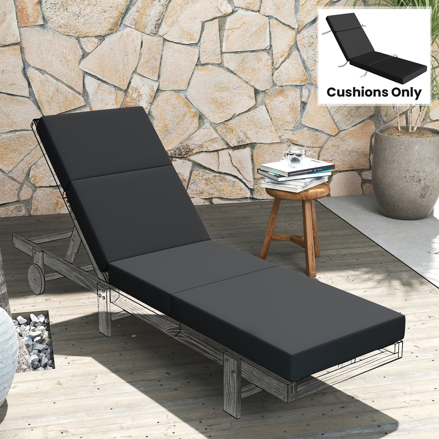 Chaise Lounge Cushion, 4" Thick Outdoor Lounge Chair Cushion with Ties for Patio, 21" x 72 ", Gray