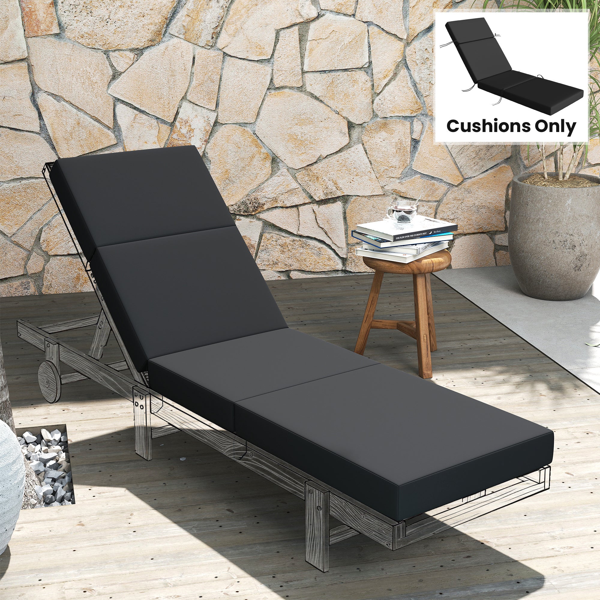 Chaise Lounge Cushion, 4" Thick Outdoor Lounge Chair Cushion with Ties for Patio, 21" x 72 ", Gray