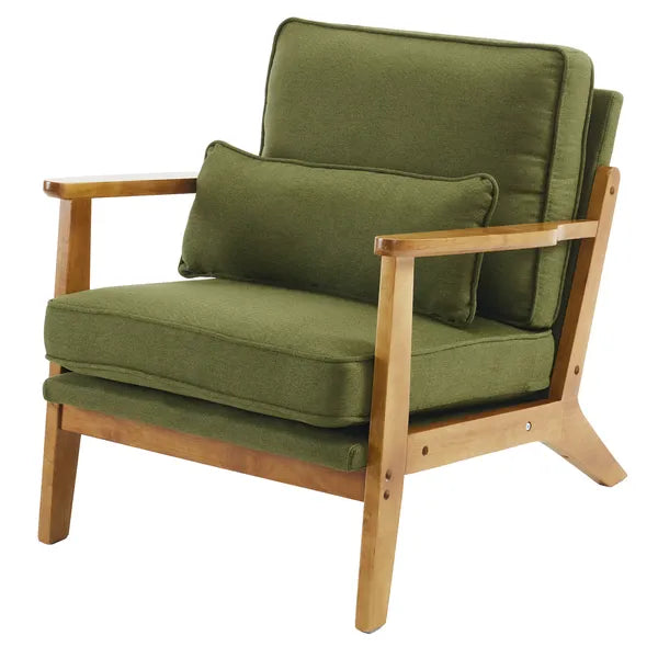 Mid-Century Oak Accent Chair - Linen-Cotton Forest Green Upholstered Single Lounge Chair, Indoor Armchair With Sturdy Wood Frame - 330LBS Weight Capacity