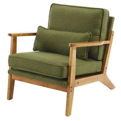 Mid-Century Oak Accent Chair - Linen-Cotton Forest Green Upholstered Single Lounge Chair, Indoor Armchair With Sturdy Wood Frame - 330LBS Weight Capacity