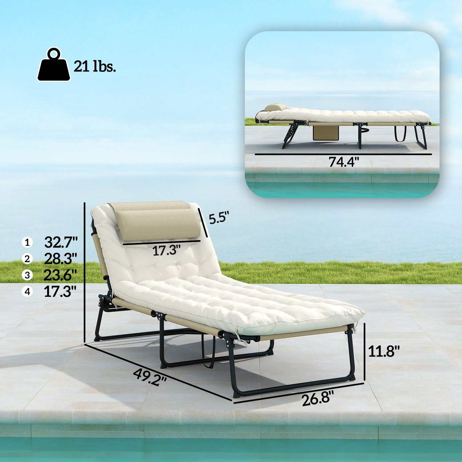 Folding Chaise Lounge Pool Chair with 4-level Reclining Back, Cushion, Side Pocket, Headrest, Beige