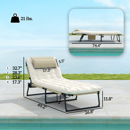 Folding Chaise Lounge Pool Chair with 4-level Reclining Back, Cushion, Side Pocket, Headrest, Beige