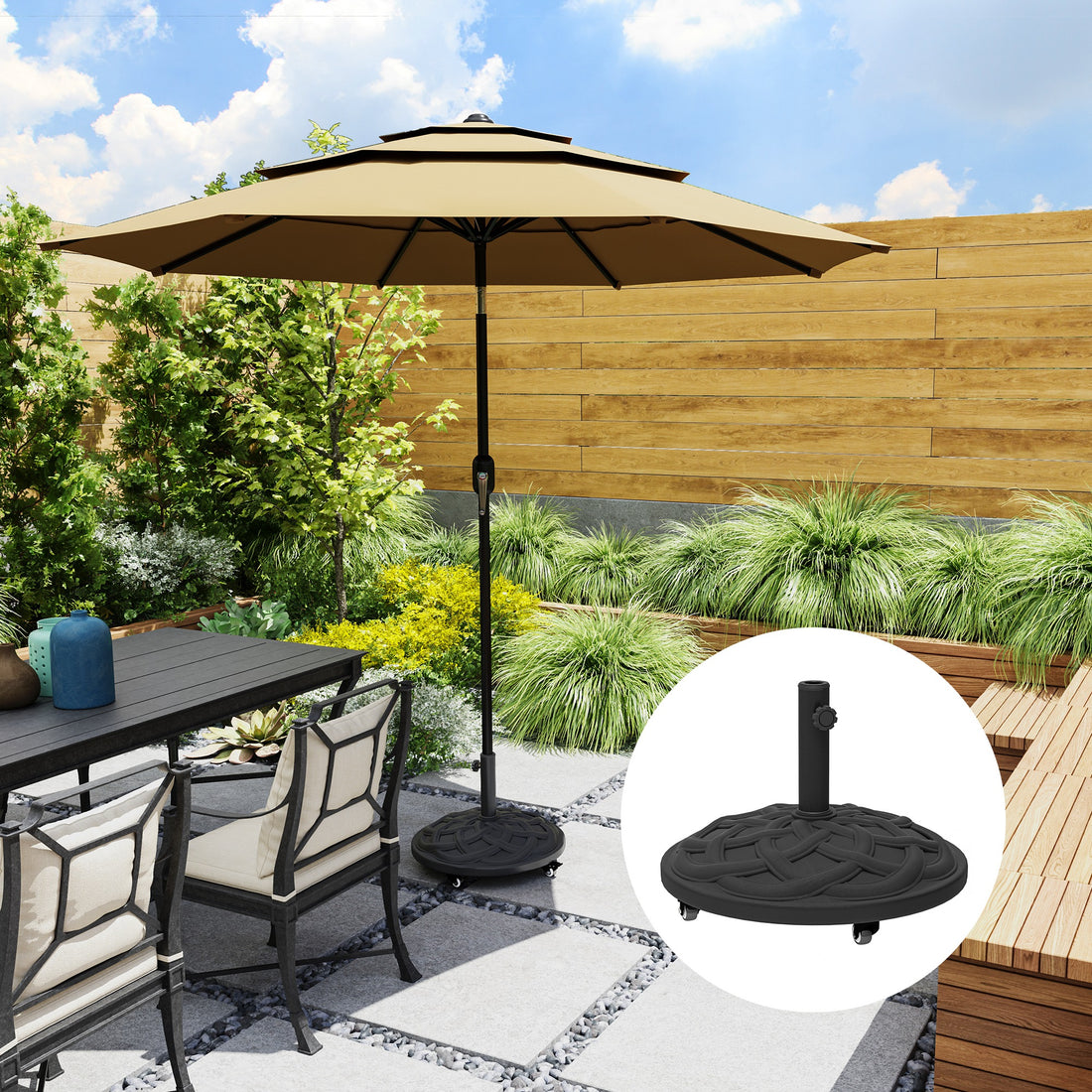 Round Patio Umbrella Base With Wheels, 44 Lbs Resin Umbrella Stand Base, Heavy Duty Patio Umbrella Holder For 1.3"/1.5"/1.9" Umbrella Poles For Outdoor, Lawn, Poolside, Black