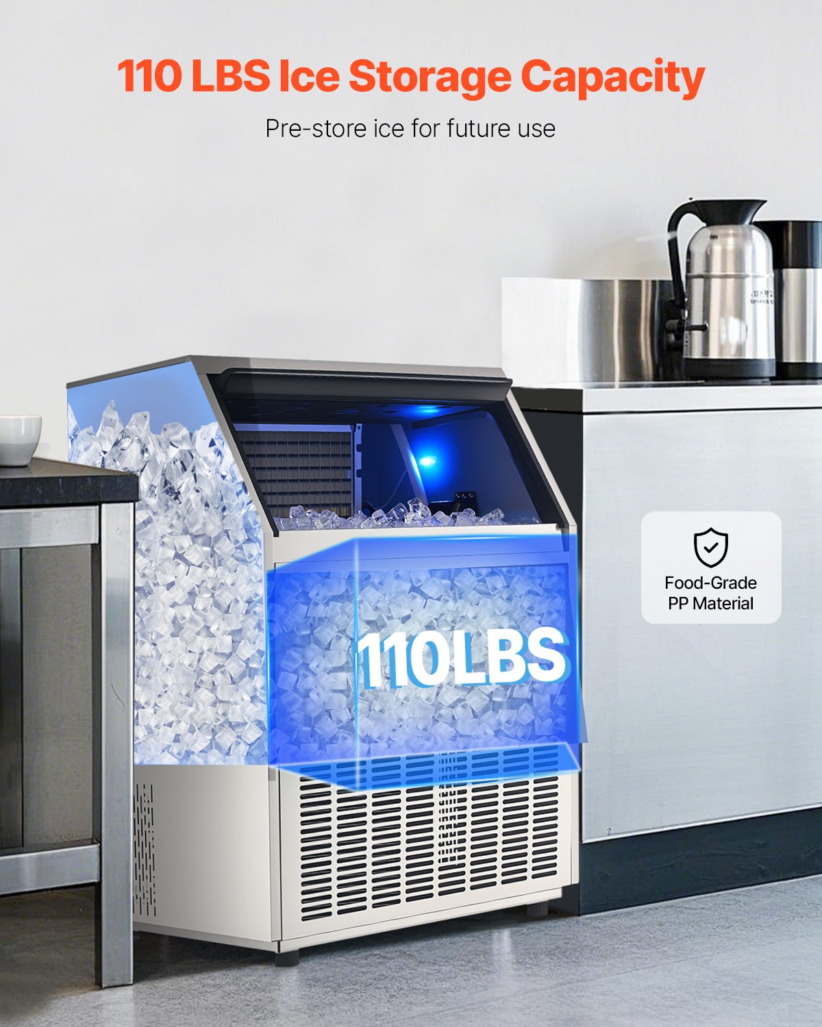 440lbs/24H Commercial Ice Maker Machine, 130lbs Storage Capacity Ice Maker With Drain Pump, 160 Ice Cubes In 15 Minutes, LED Digital Display Freestanding Self-Cleaning For Bar Office Restaurant