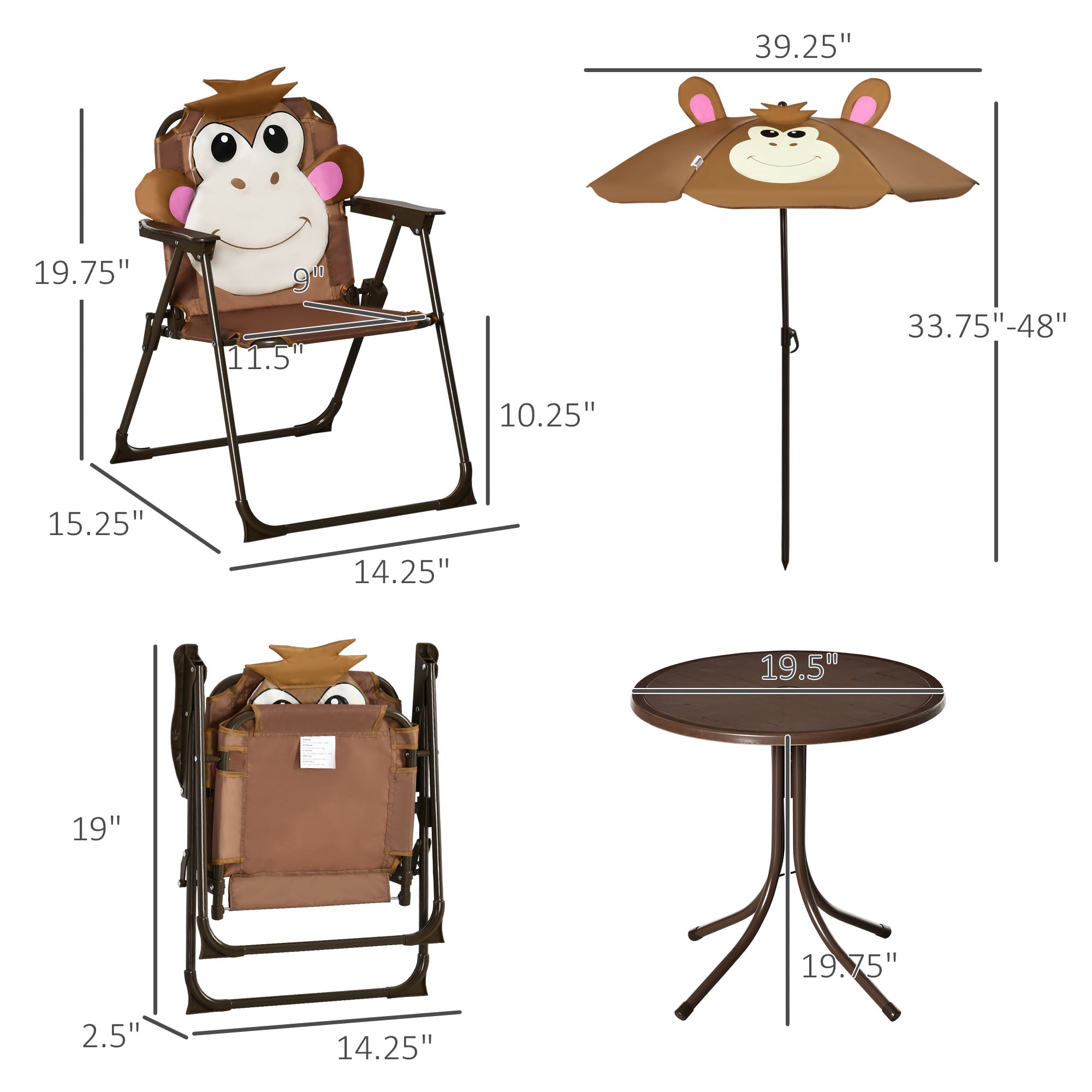 Kids Table and Chair Set, Outdoor Folding Garden Furniture, Picnic Table for Patio Backyard, with Removable &amp; Height Adjustable Sun Umbrella, Aged 3-6 Years Old, Brown