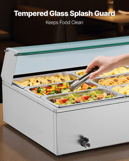 Commercial Food Warmer, 1500W Electric Stainless Steel Steam Food Warmer With Glass Cover, 9-Pan Countertop Buffet Bain Marie With Soup &amp; Perforated Ladles, For Catering, Restaurant &amp; Party