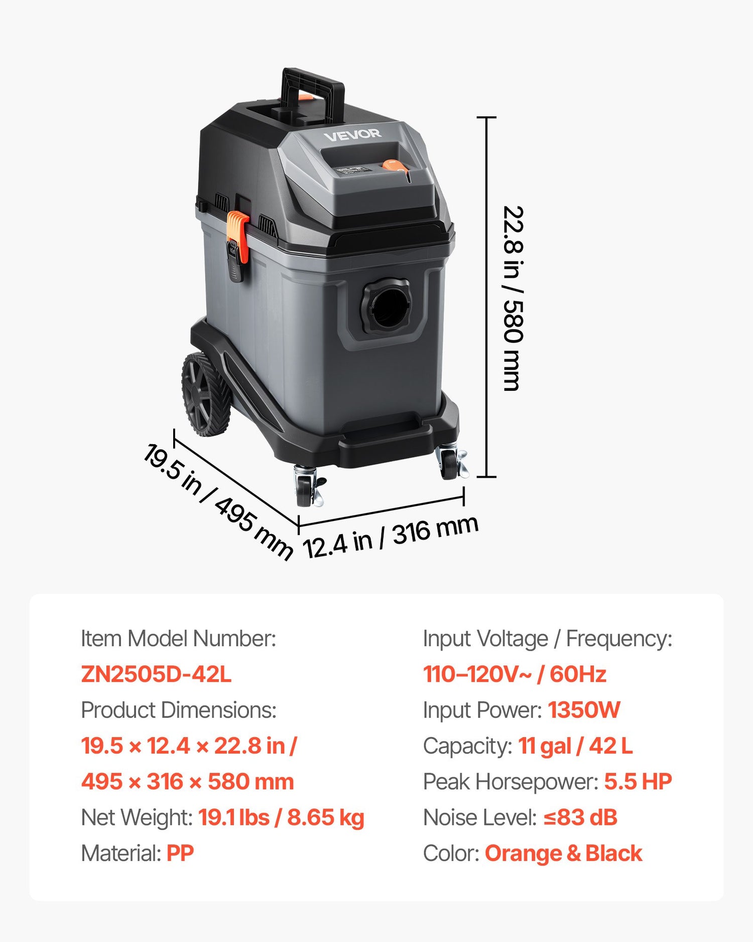 Commercial Shop Vac, 11 Gallon Wet Dry Shop Vacuum, 5.5 Peak HP Portable With One-Button Self-Cleaning, 1350W Input, 1.25in X 7ft Hose, 20ft Cord, Industrial-Grade For Jobsite, Workshop