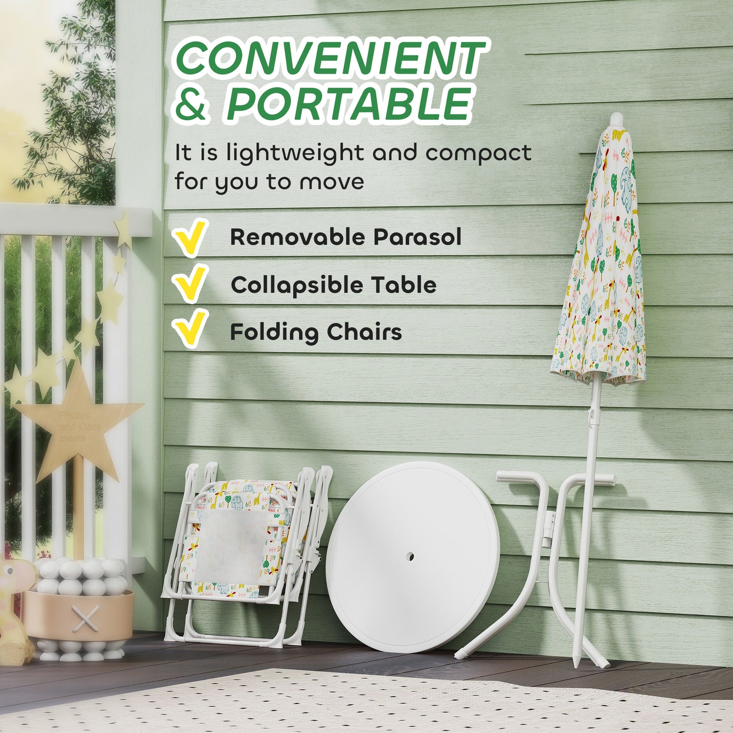 Kids Picnic Table And Chair Set, Outdoor Activity Table With Foldable Chairs, Removable Umbrella For Backyard, White