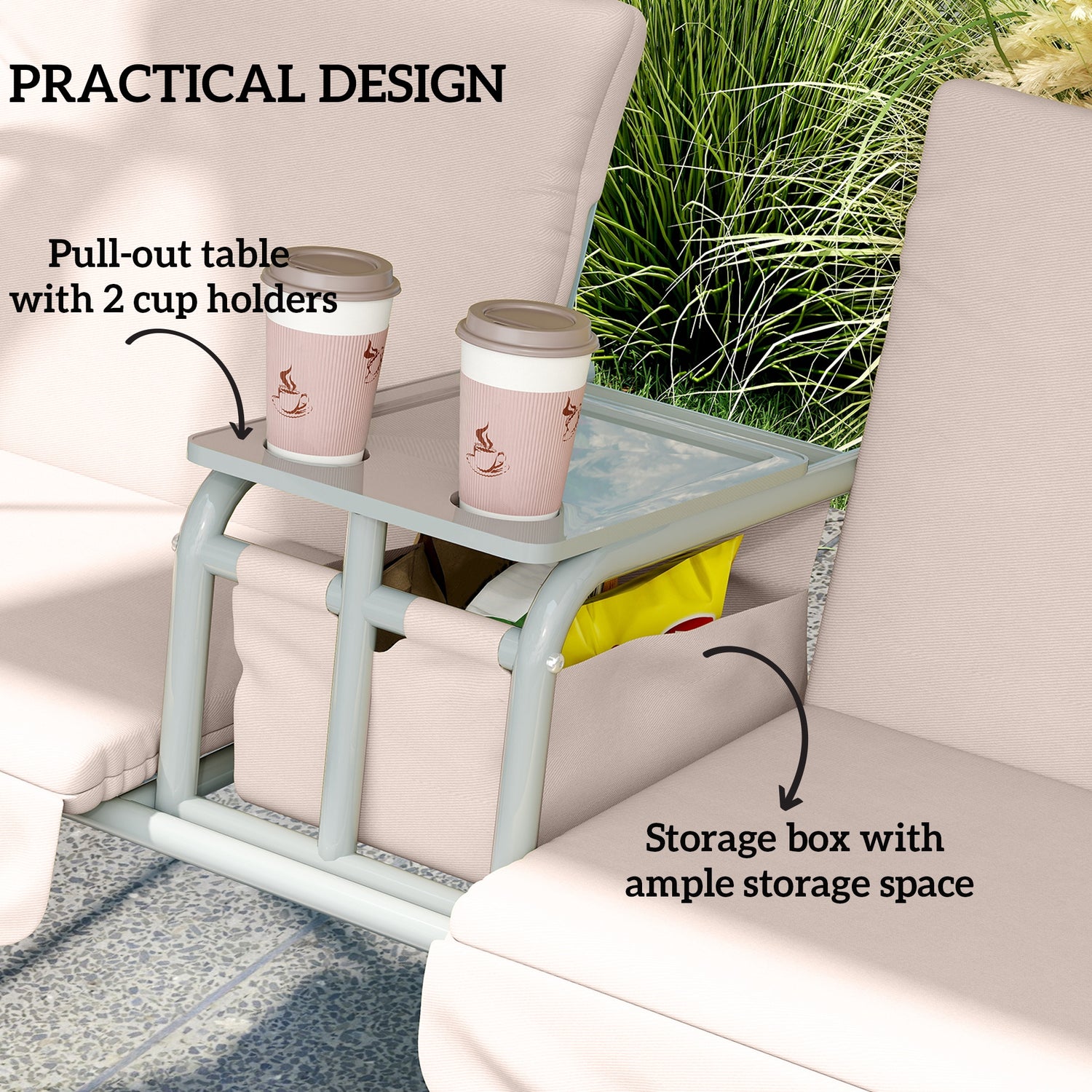 2-Seater Outdoor Porch Swing with Canopy and Table, Patio Swing Chair for Garden, Poolside, Backyard, Beige
